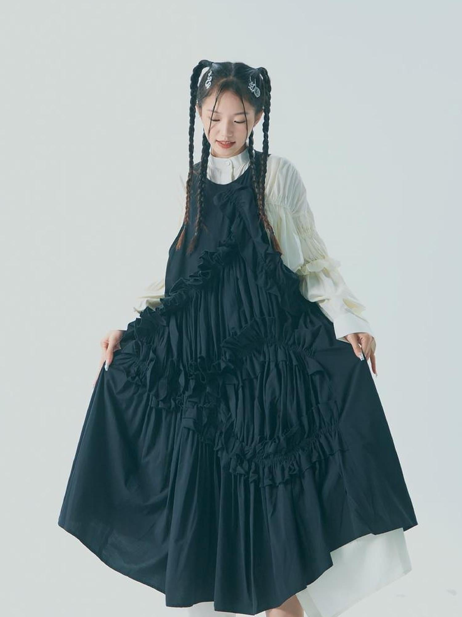 Sweet Mi Vintage Eco Dyed Oversized Cotton Pleat Shirt Dress Vest Set