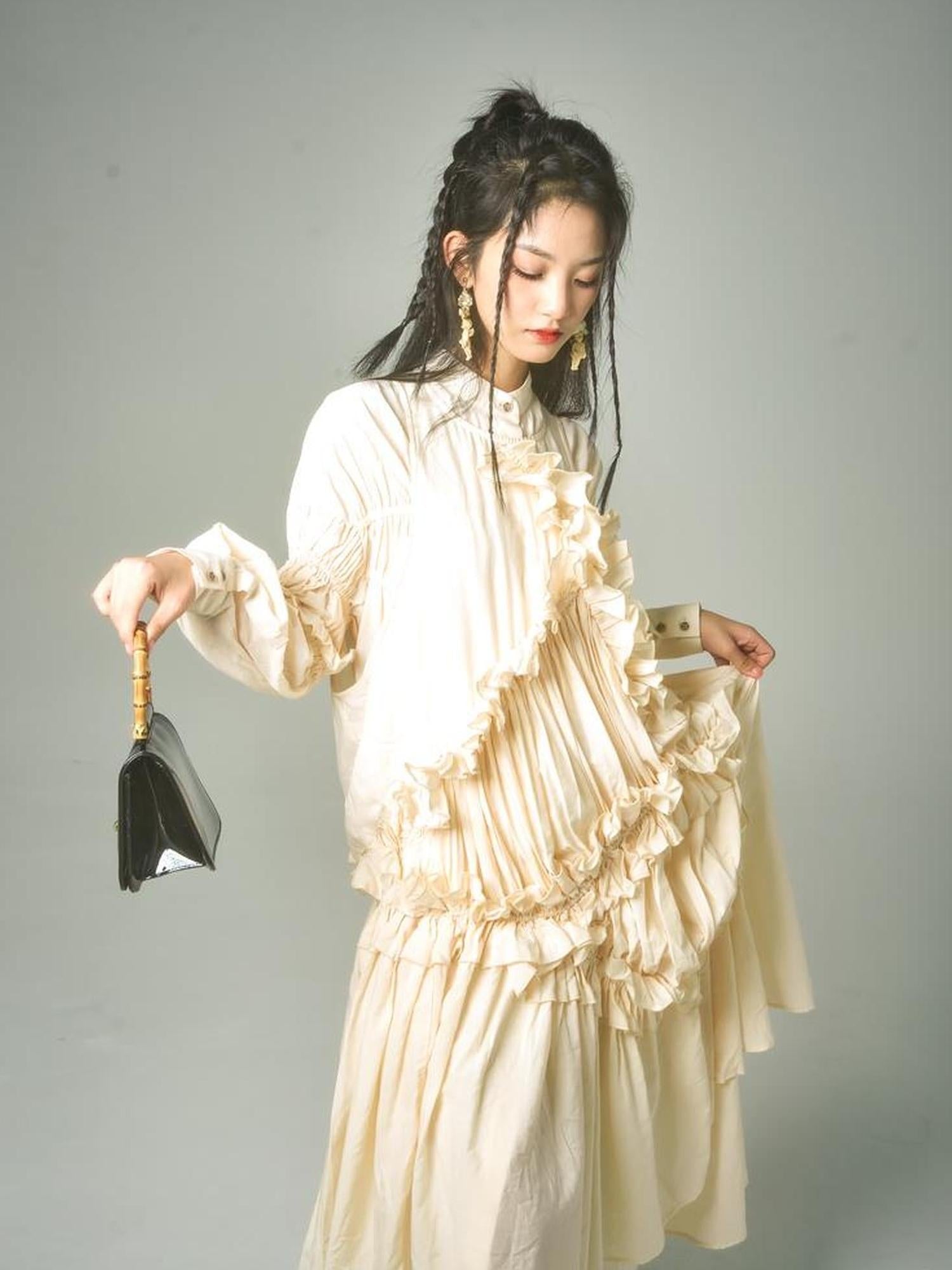 Sweet Mi Vintage Eco Dyed Oversized Cotton Pleat Shirt Dress Vest Set