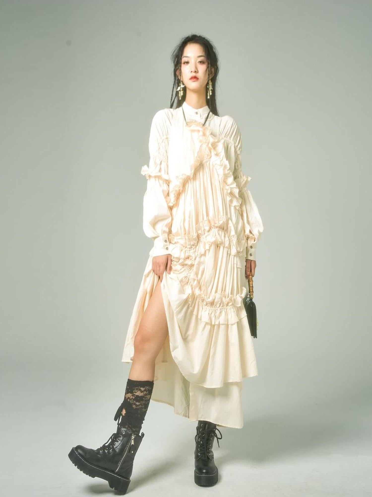 Sweet Mi Vintage Eco Dyed Oversized Cotton Pleat Shirt Dress Vest Set
