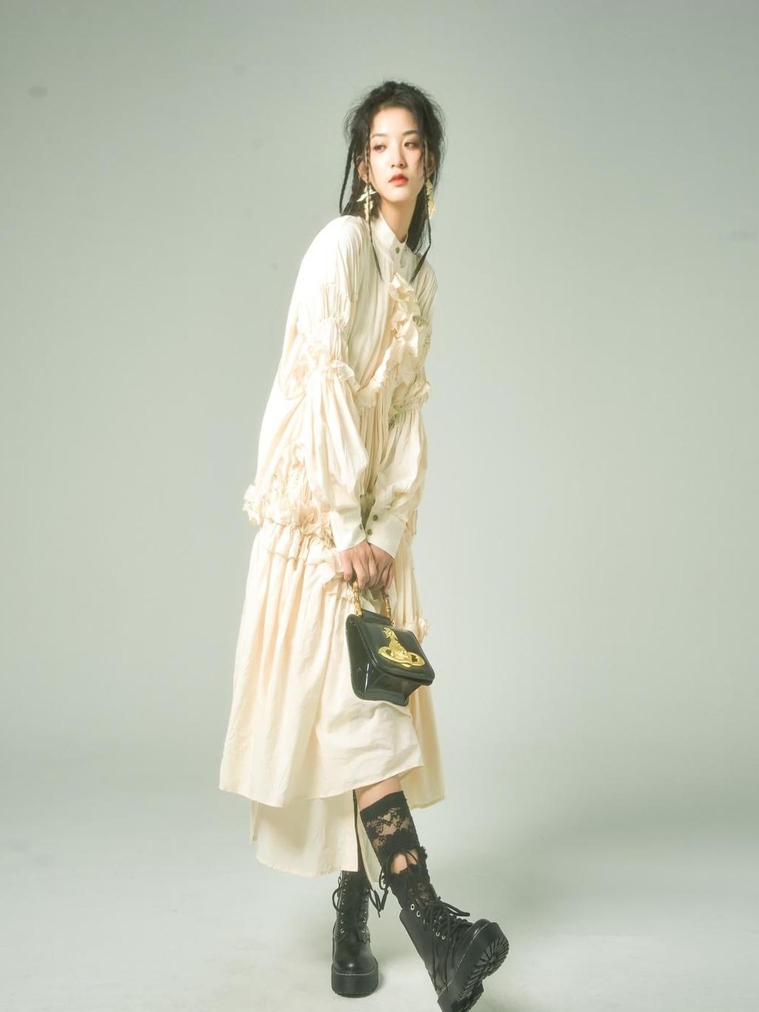 Sweet Mi Vintage Eco Dyed Oversized Cotton Pleat Shirt Dress Vest Set