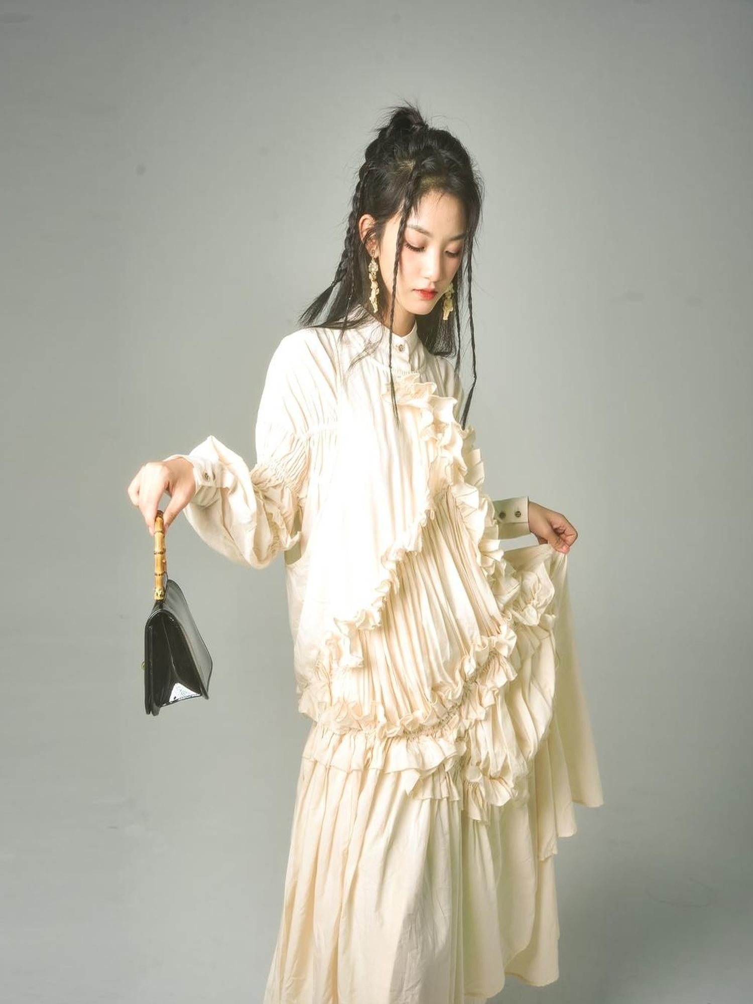 Sweet Mi Vintage Eco Dyed Oversized Cotton Pleat Shirt Dress Vest Set
