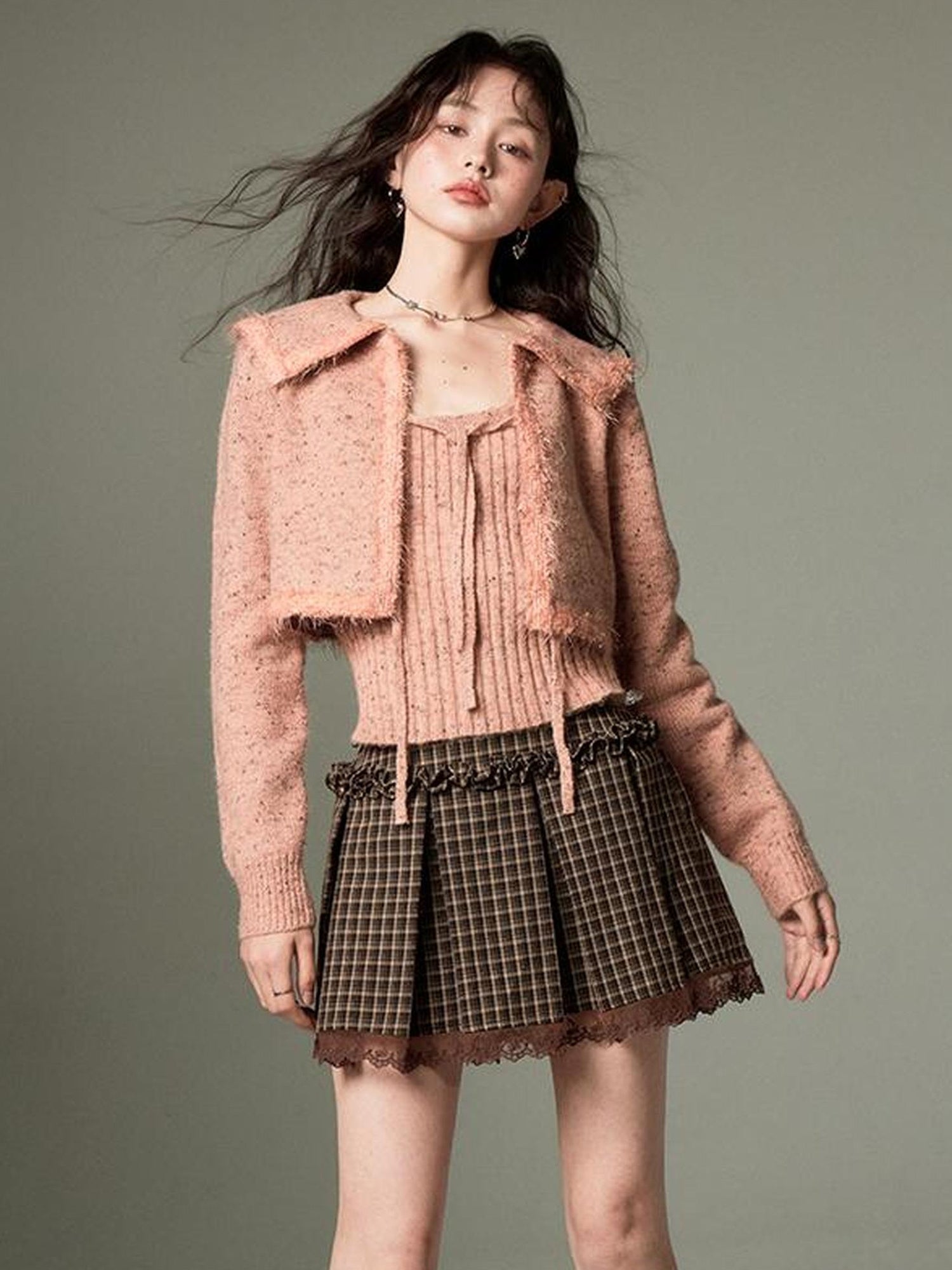 DIDDI MODA Vintage Elegant Knit Cardigan Vest Set Pink