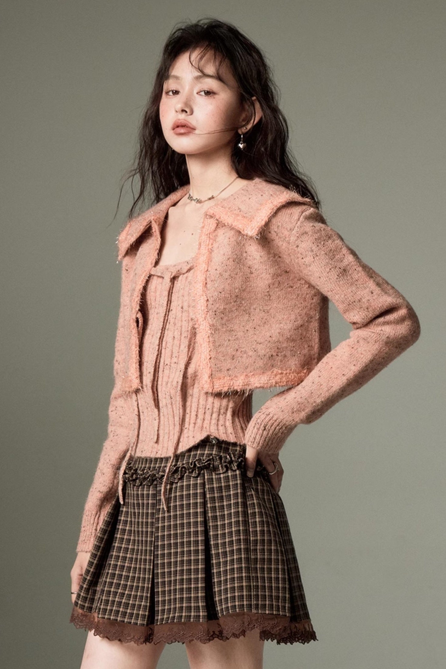 DIDDI MODA Vintage Elegant Knit Cardigan Vest Set Pink