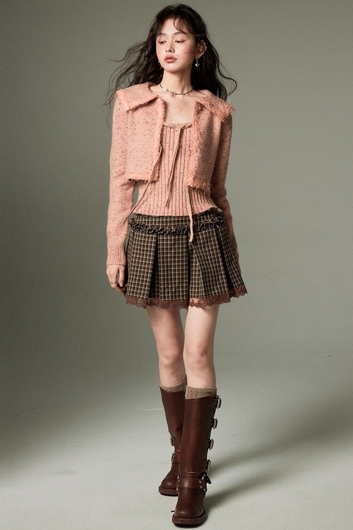 DIDDI MODA Vintage Elegant Knit Cardigan Vest Set Pink
