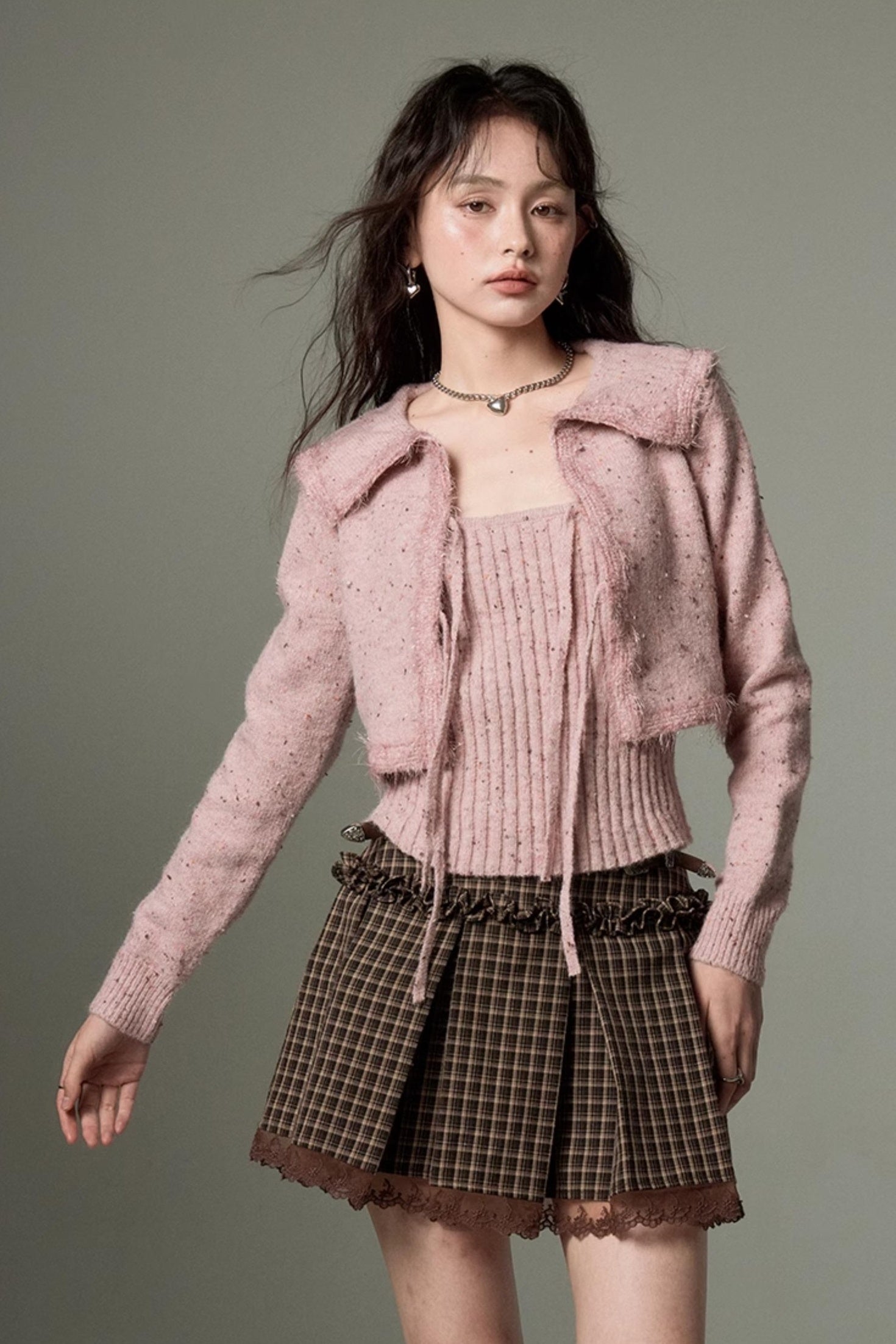 DIDDI MODA Vintage Elegant Knit Cardigan Vest Set Pink