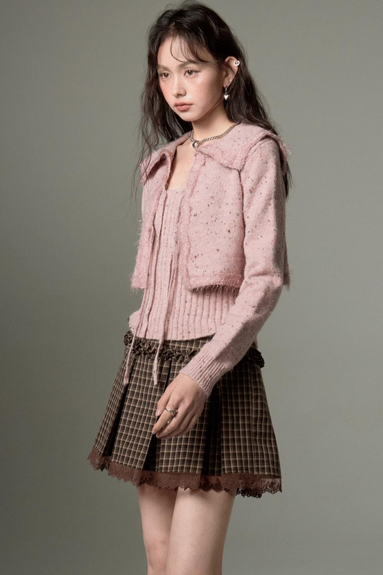 DIDDI MODA Vintage Elegant Knit Cardigan Vest Set Pink