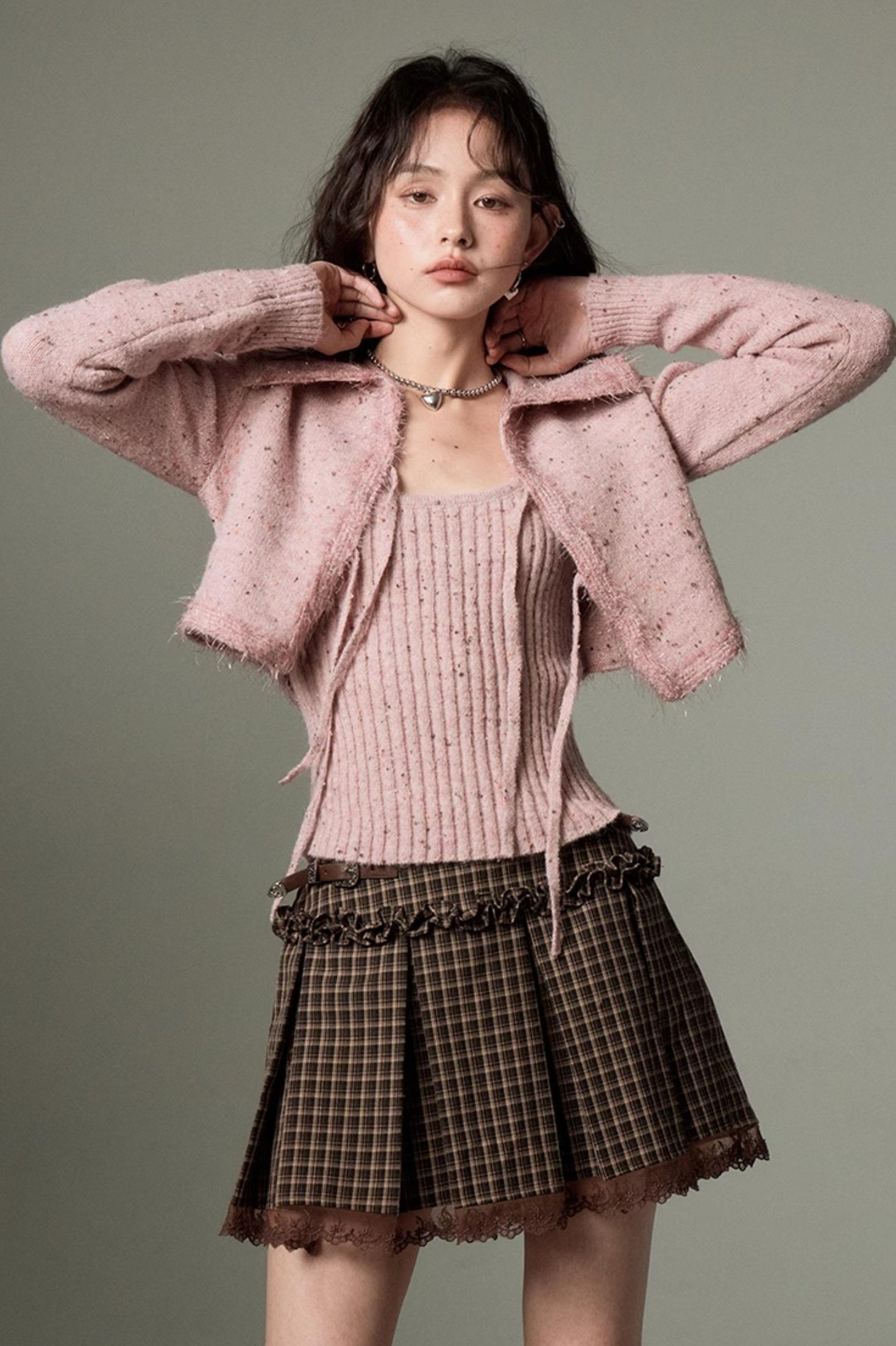 DIDDI MODA Vintage Elegant Knit Cardigan Vest Set Pink