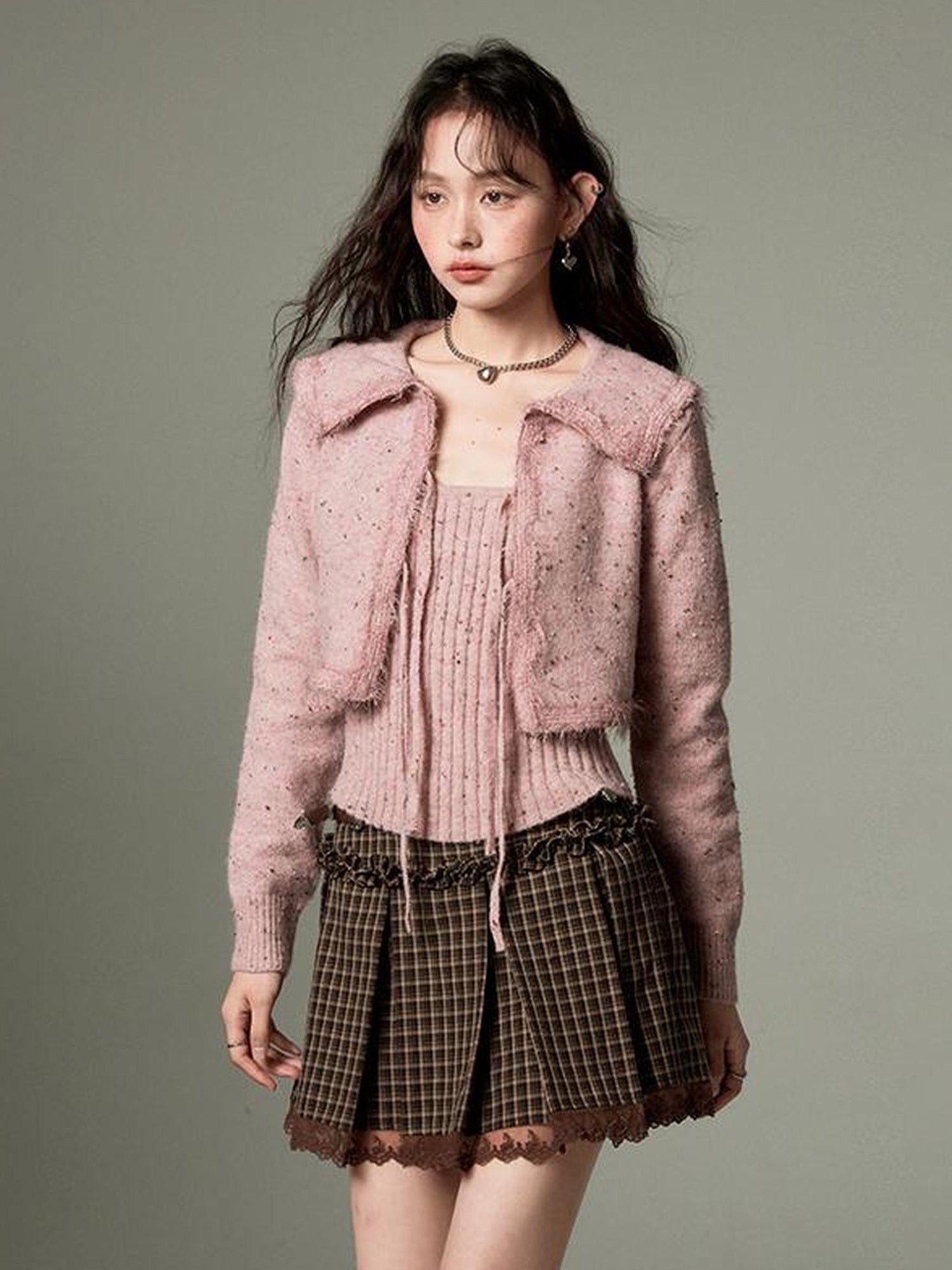 DIDDI MODA Vintage Elegant Knit Cardigan Vest Set Pink