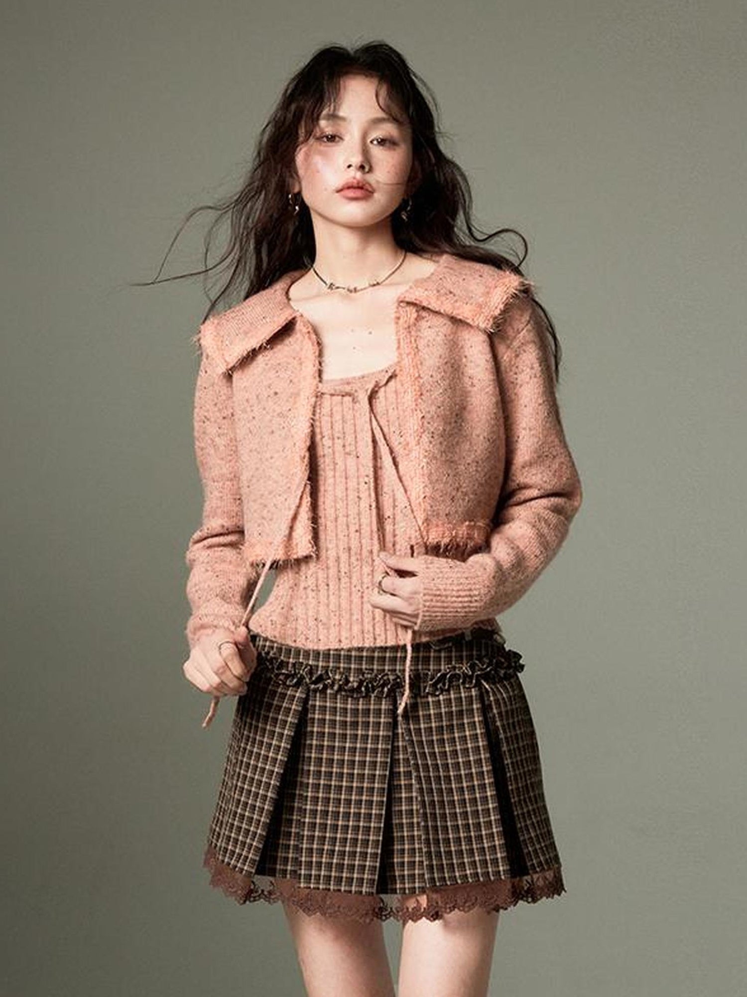 DIDDI MODA Vintage Elegant Knit Cardigan Vest Set Pink