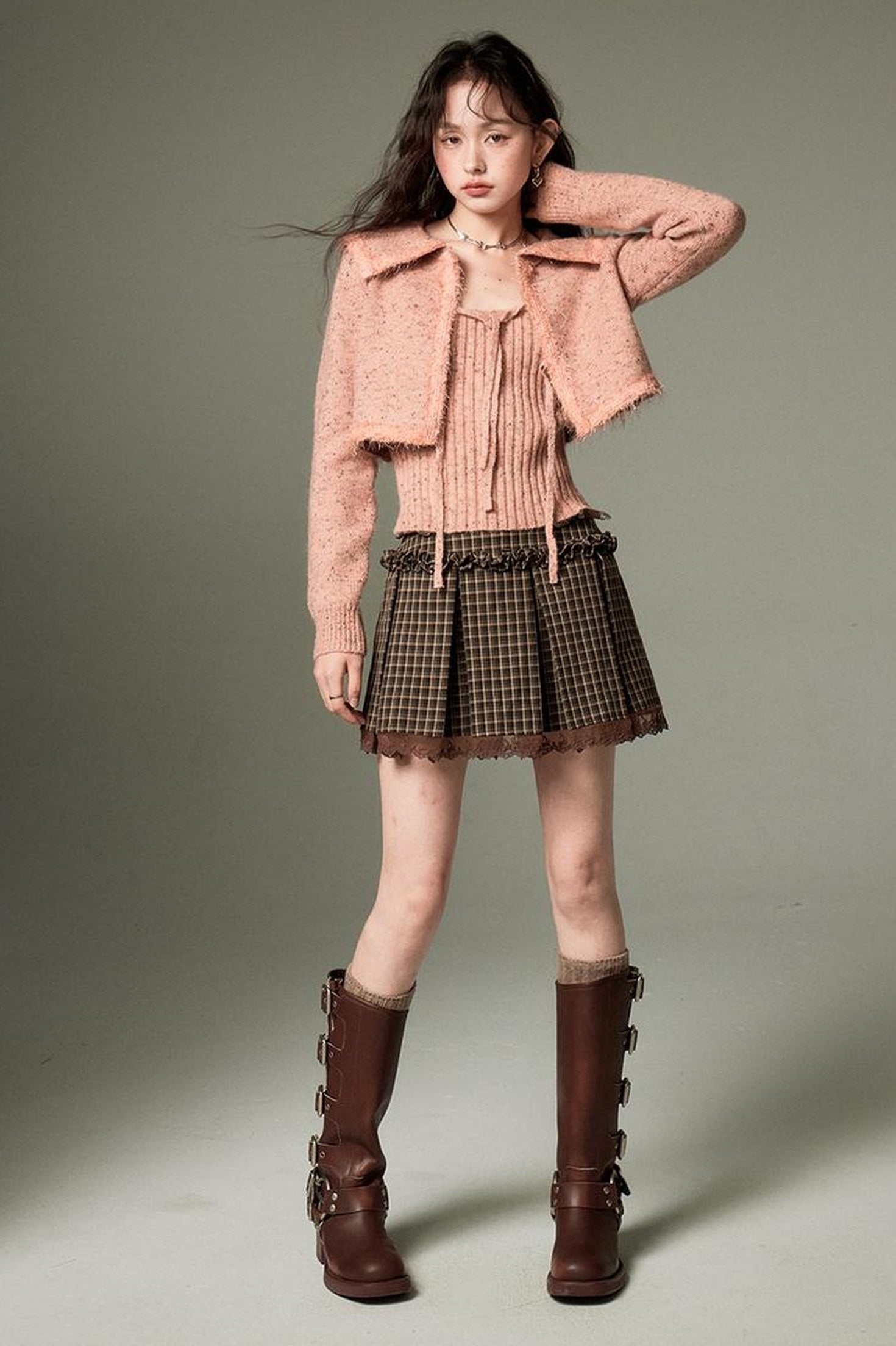 DIDDI MODA Vintage Elegant Knit Cardigan Vest Set Pink