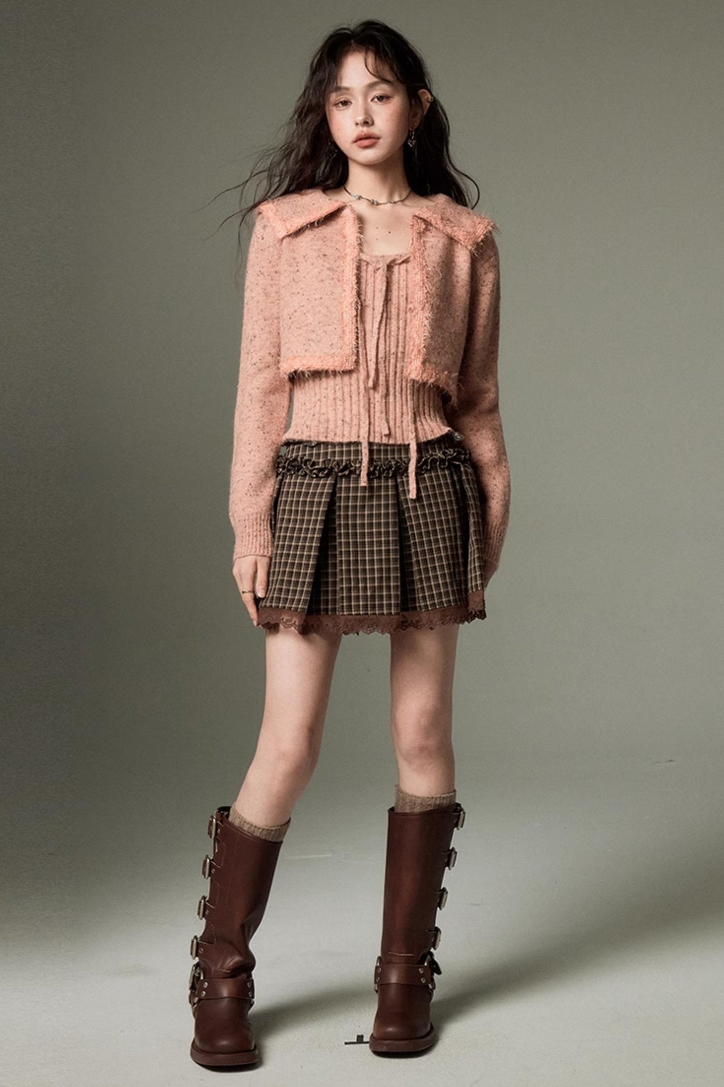 DIDDI MODA Vintage Elegant Knit Cardigan Vest Set Pink