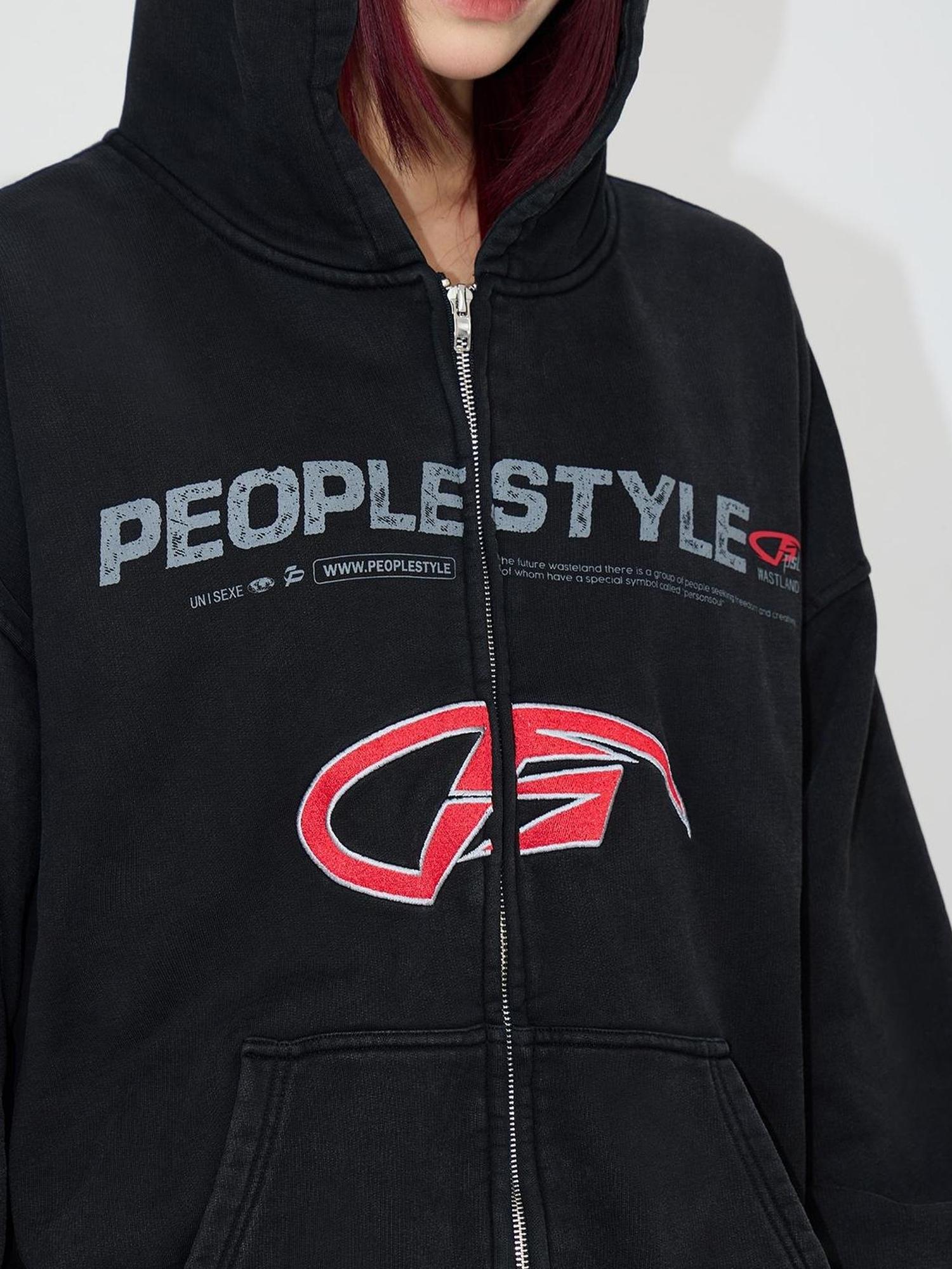 Peoplesense Vintage Embroidered 480g Washed Zip Hoodie Unisex