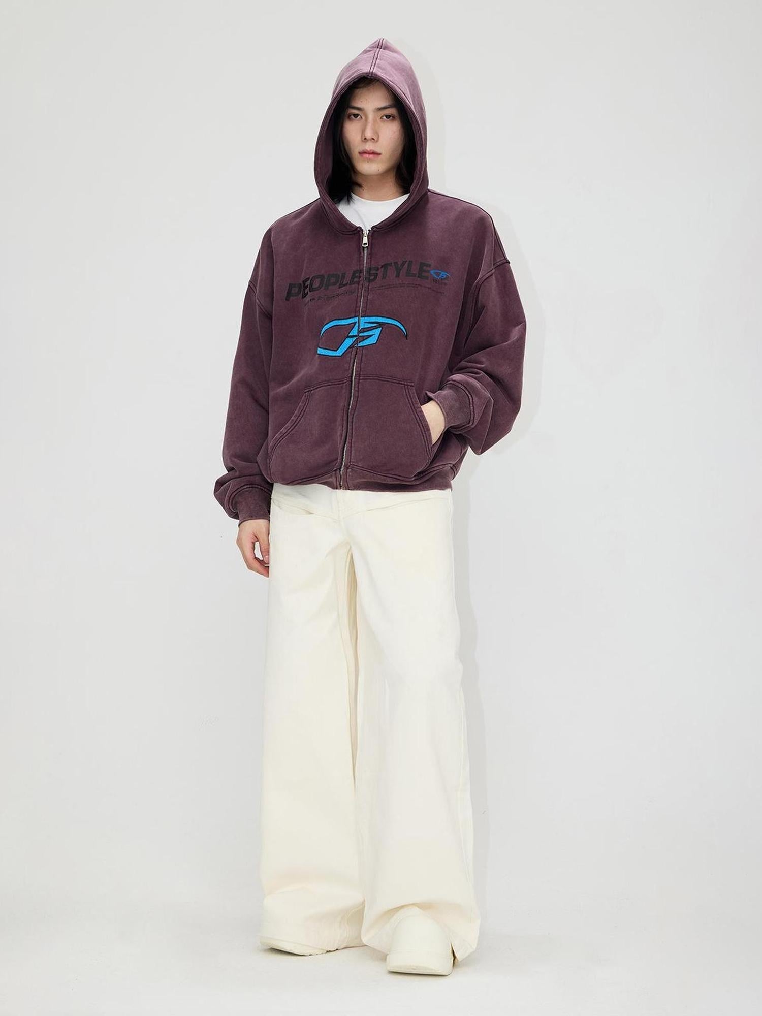 Peoplesense Vintage Embroidered 480g Washed Zip Hoodie Unisex
