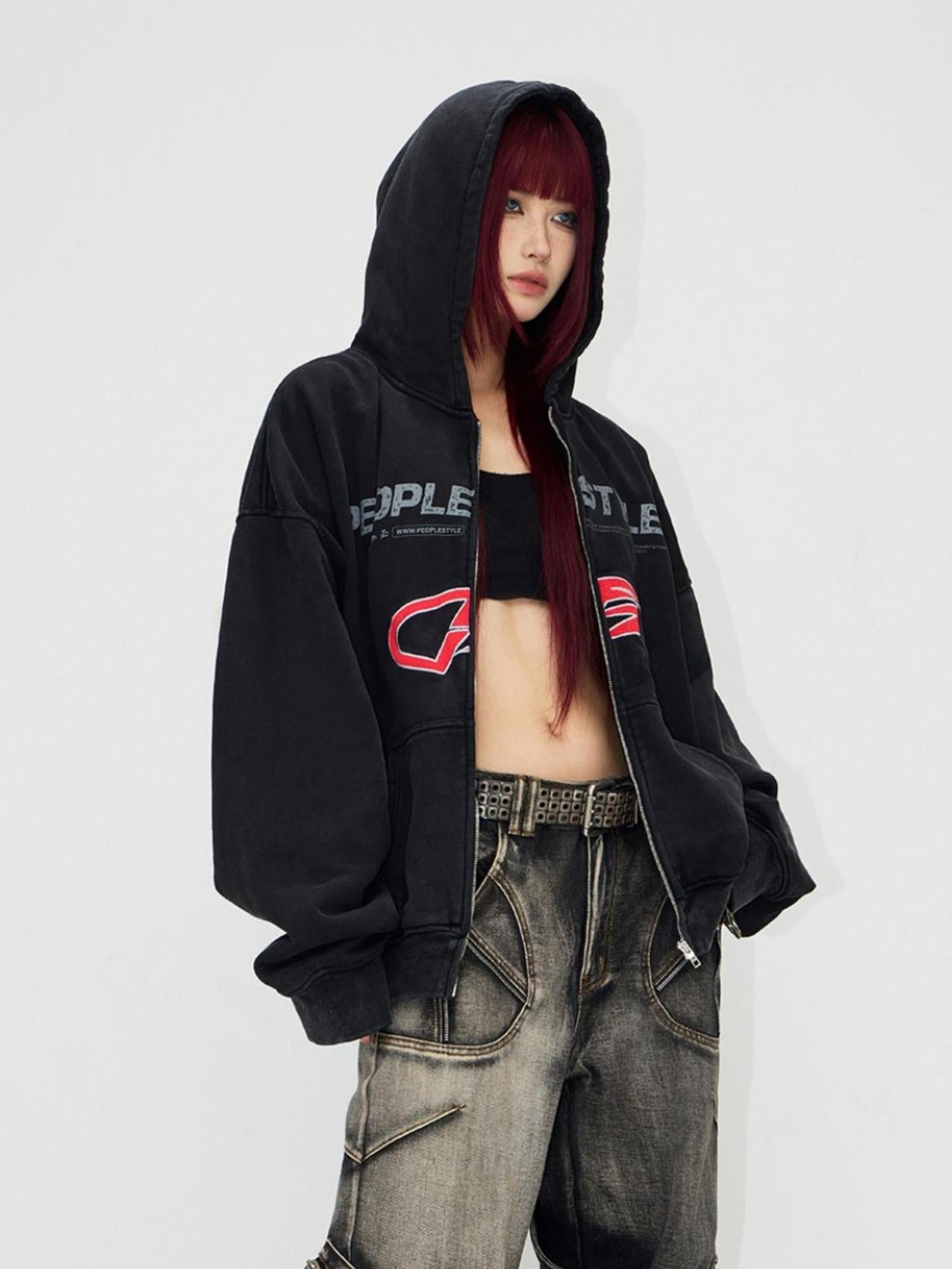 Peoplesense Vintage Embroidered 480g Washed Zip Hoodie Unisex