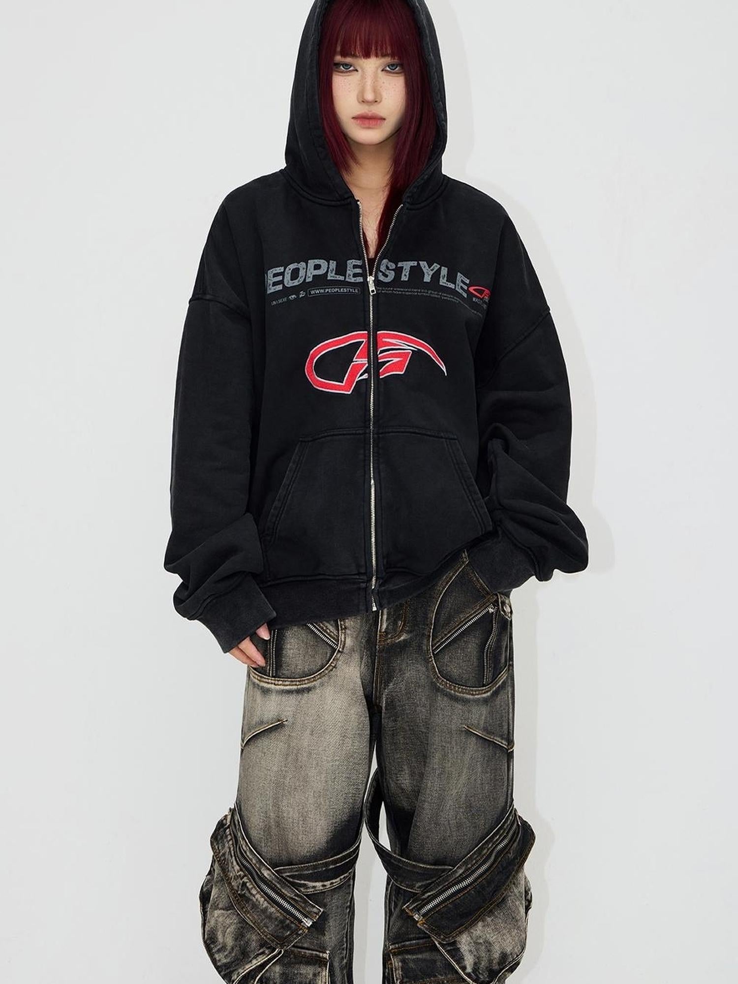 Peoplesense Vintage Embroidered 480g Washed Zip Hoodie Unisex