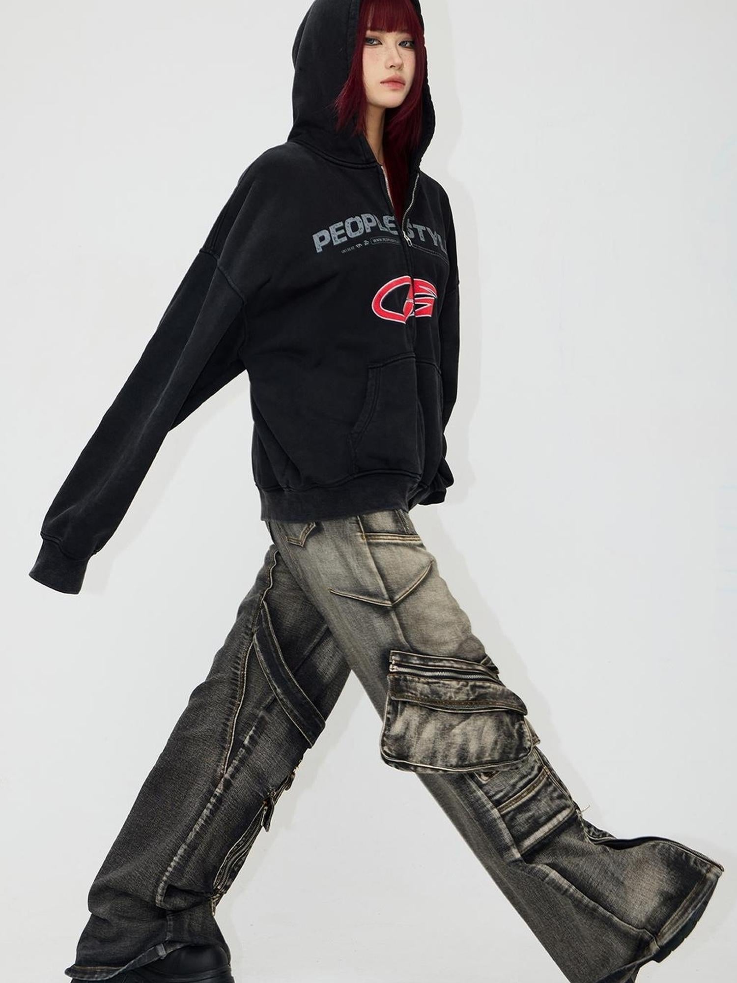 Peoplesense Vintage Embroidered 480g Washed Zip Hoodie Unisex