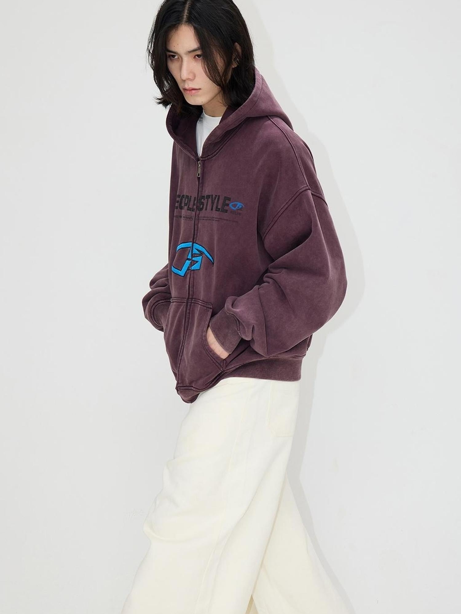 Peoplesense Vintage Embroidered 480g Washed Zip Hoodie Unisex