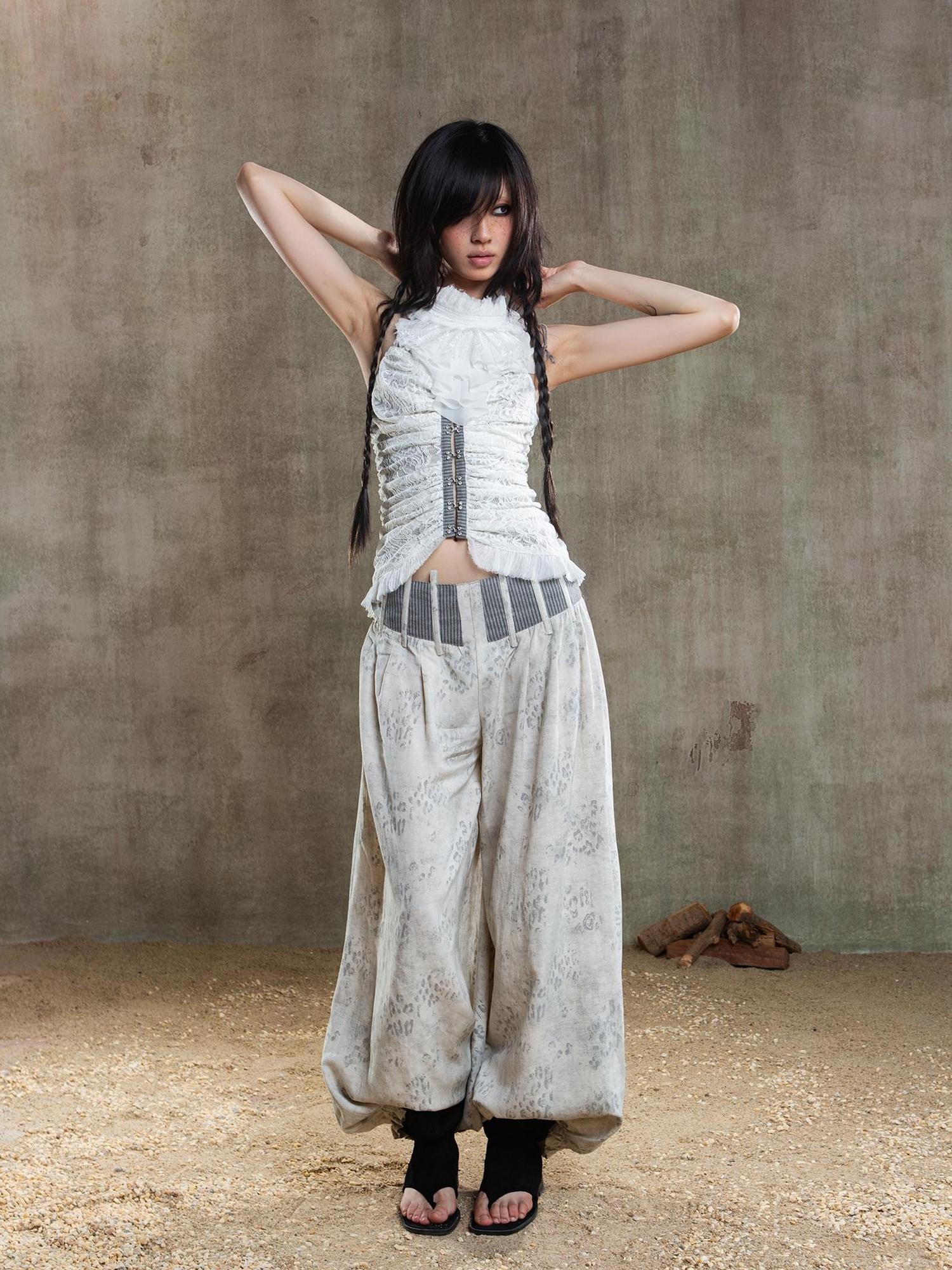 ARIADNAw Vintage Fishbone Embellished Low Rise Wide Leg Lantern Pants