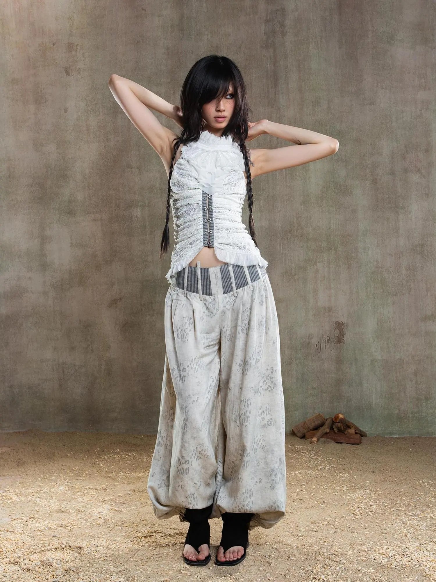 Vintage Fishbone Embellished Low Rise Wide Leg Lantern Pants