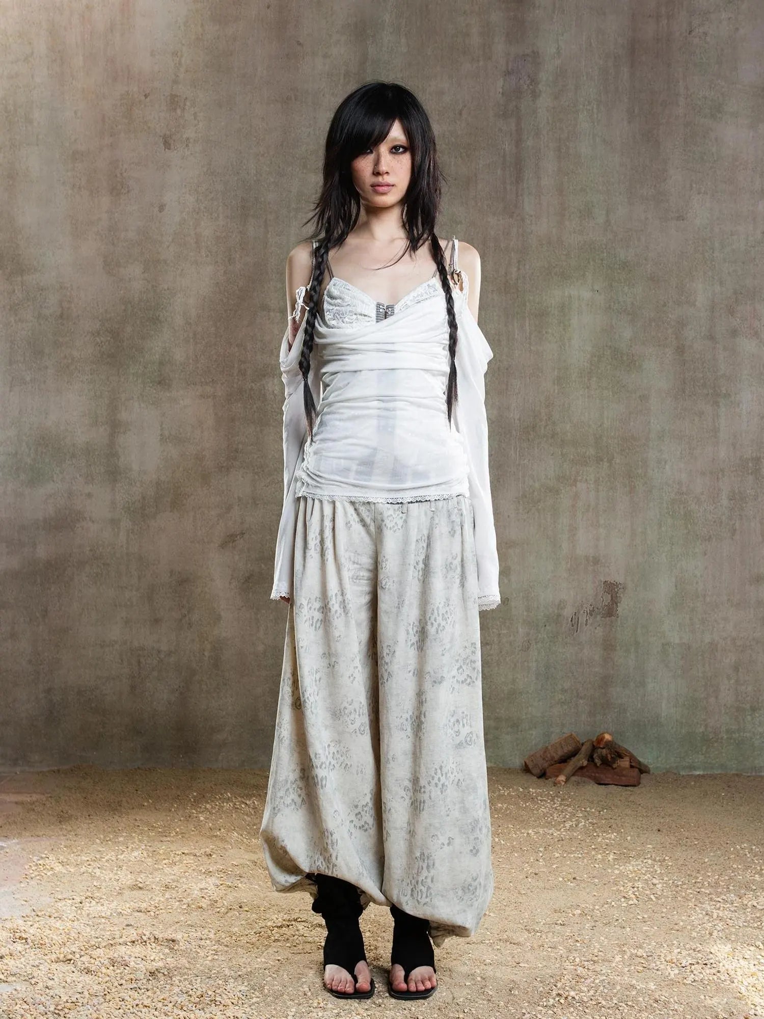 Vintage Fishbone Embellished Low Rise Wide Leg Lantern Pants