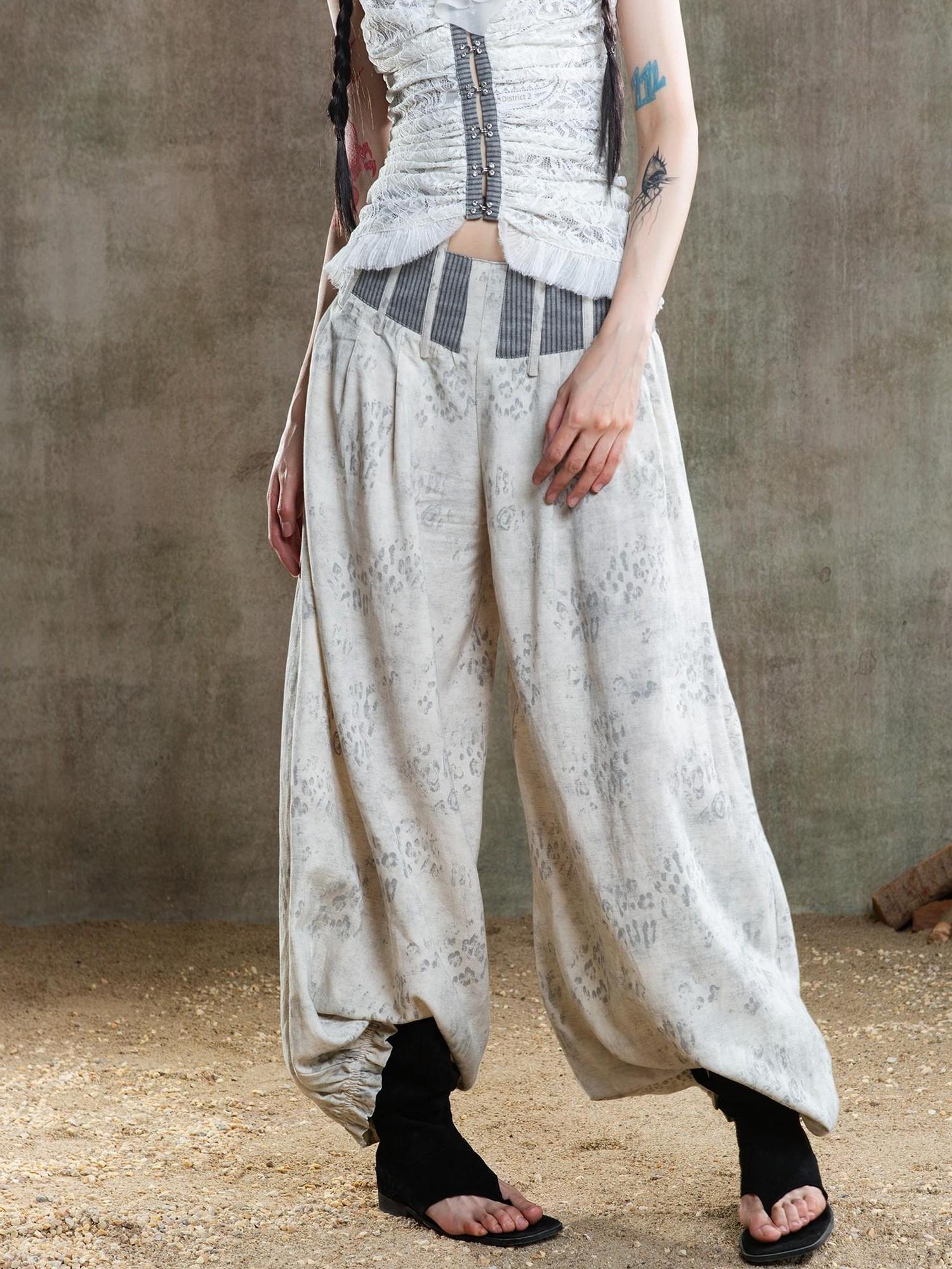 ARIADNAw Vintage Fishbone Embellished Low Rise Wide Leg Lantern Pants