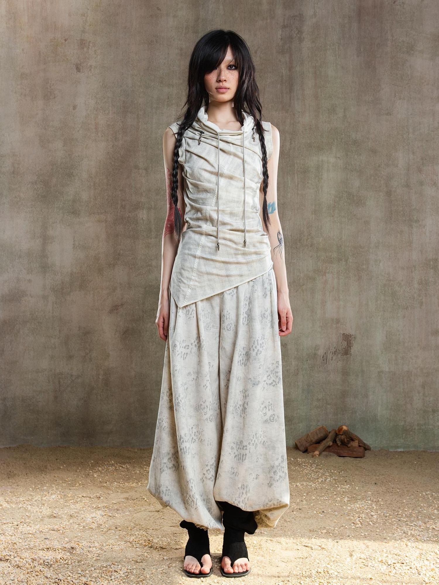 ARIADNAw Vintage Fishbone Embellished Low Rise Wide Leg Lantern Pants