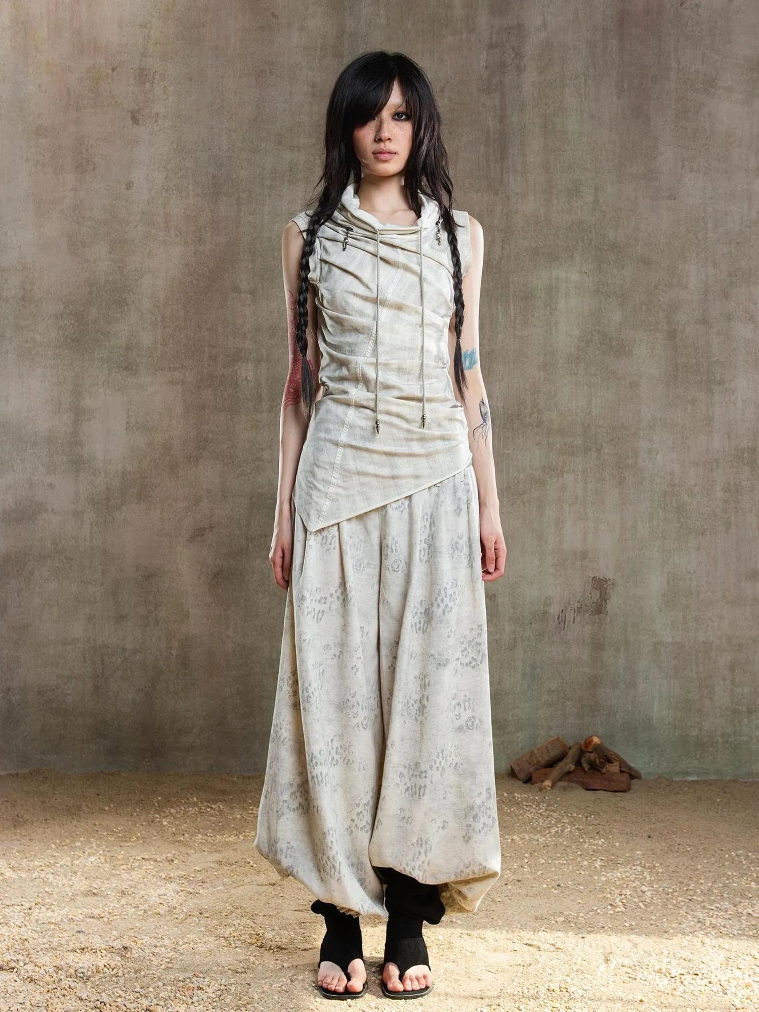 Vintage Fishbone Embellished Low Rise Wide Leg Lantern Pants