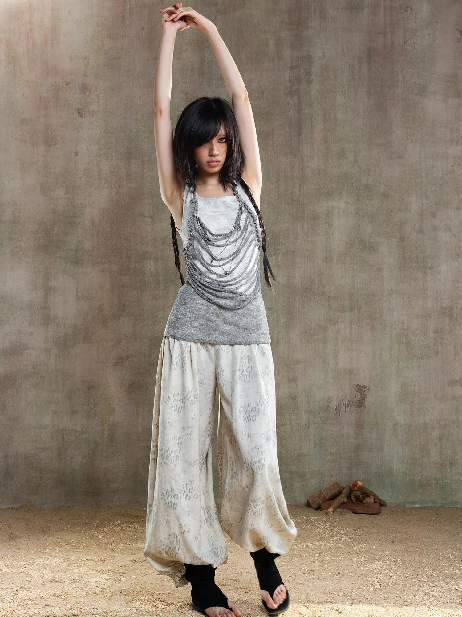 Vintage Fishbone Embellished Low Rise Wide Leg Lantern Pants