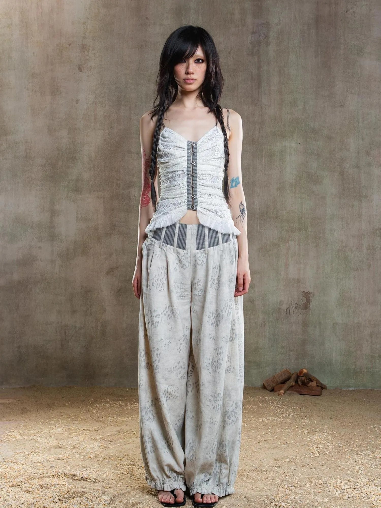 Vintage Fishbone Embellished Low Rise Wide Leg Lantern Pants