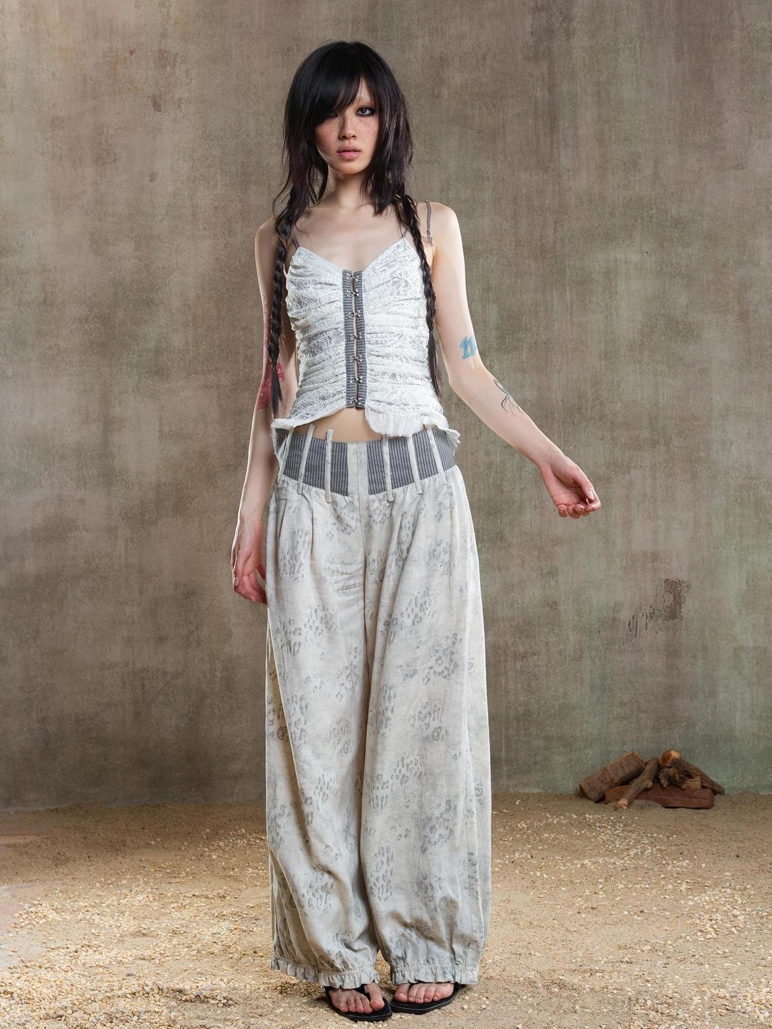 ARIADNAw Vintage Fishbone Embellished Low Rise Wide Leg Lantern Pants