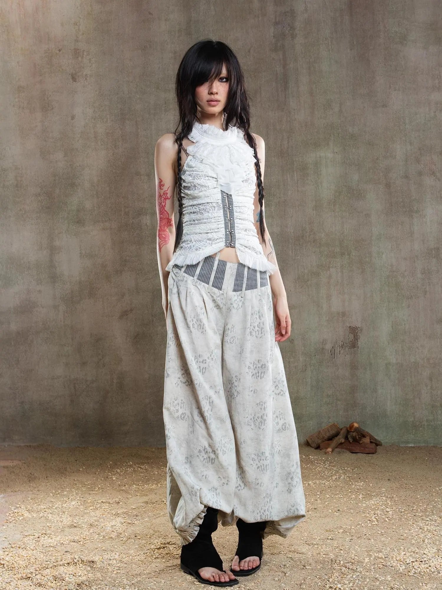 Vintage Fishbone Embellished Low Rise Wide Leg Lantern Pants