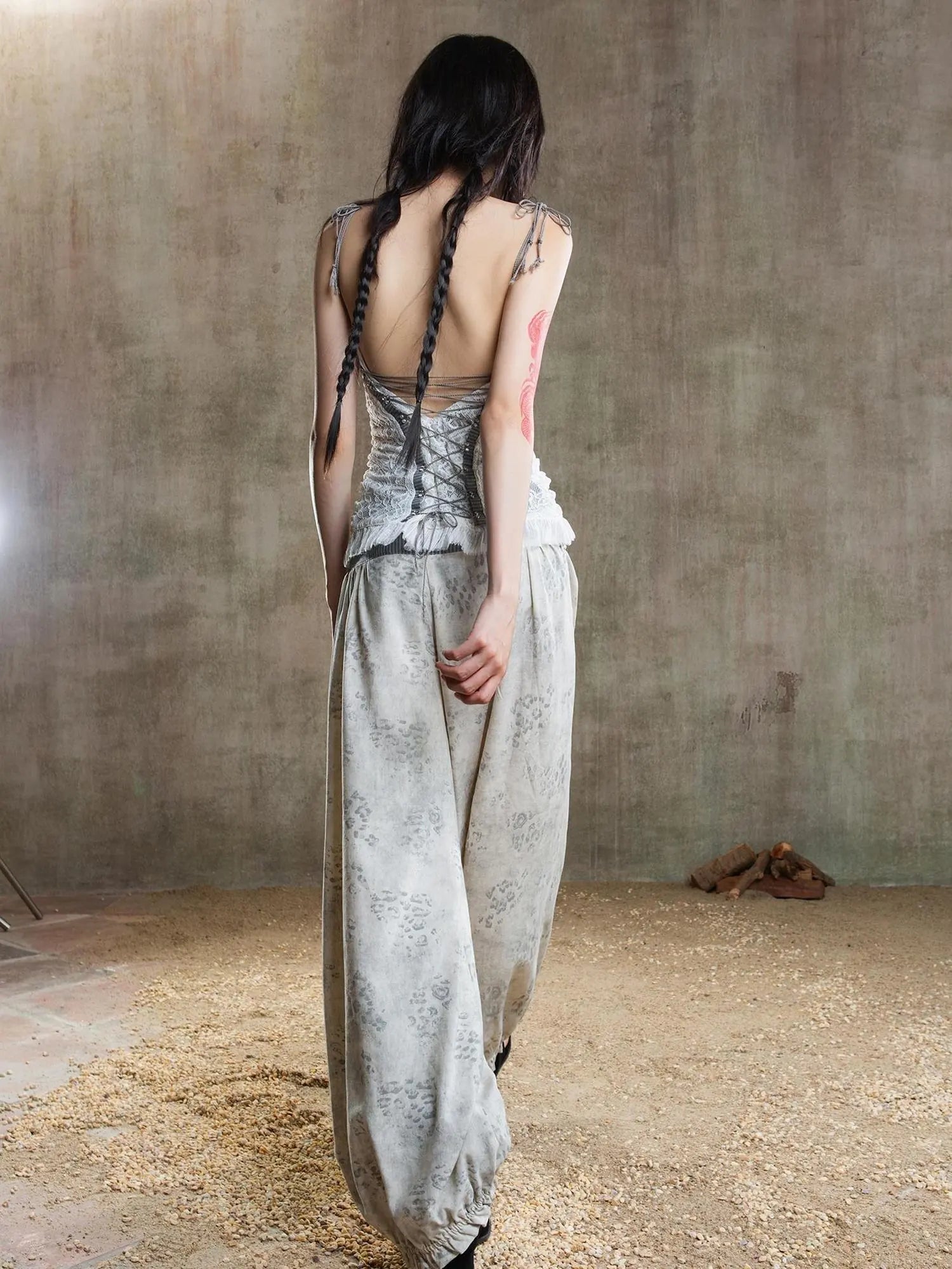 Vintage Fishbone Embellished Low Rise Wide Leg Lantern Pants