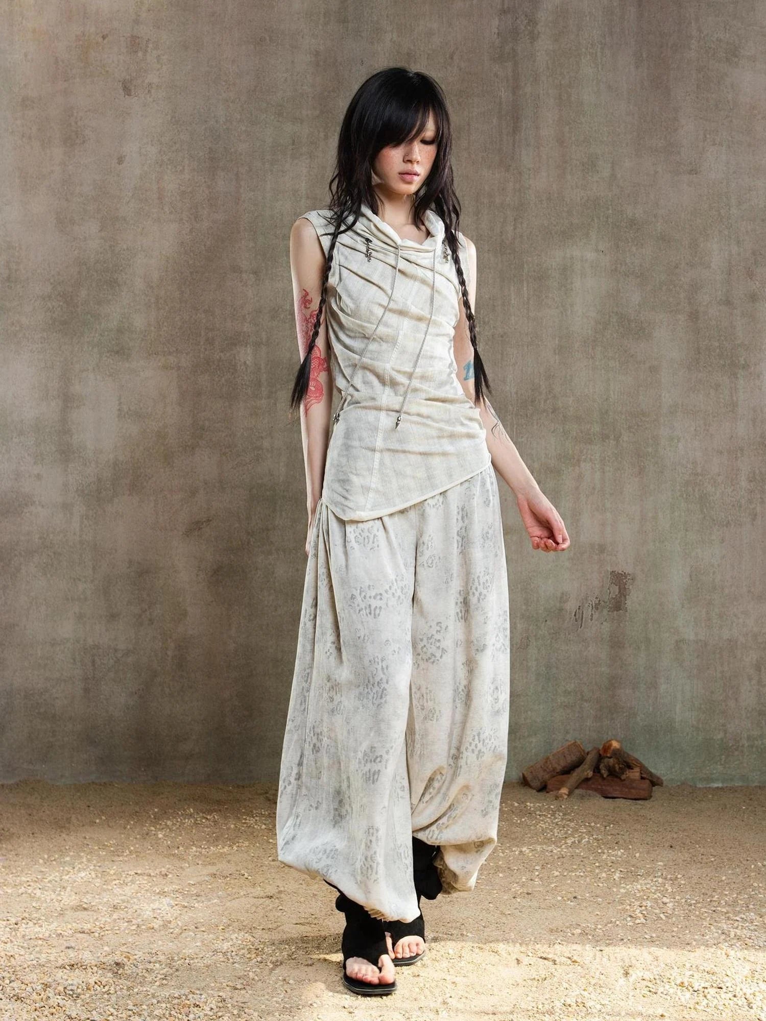 Vintage Fishbone Embellished Low Rise Wide Leg Lantern Pants