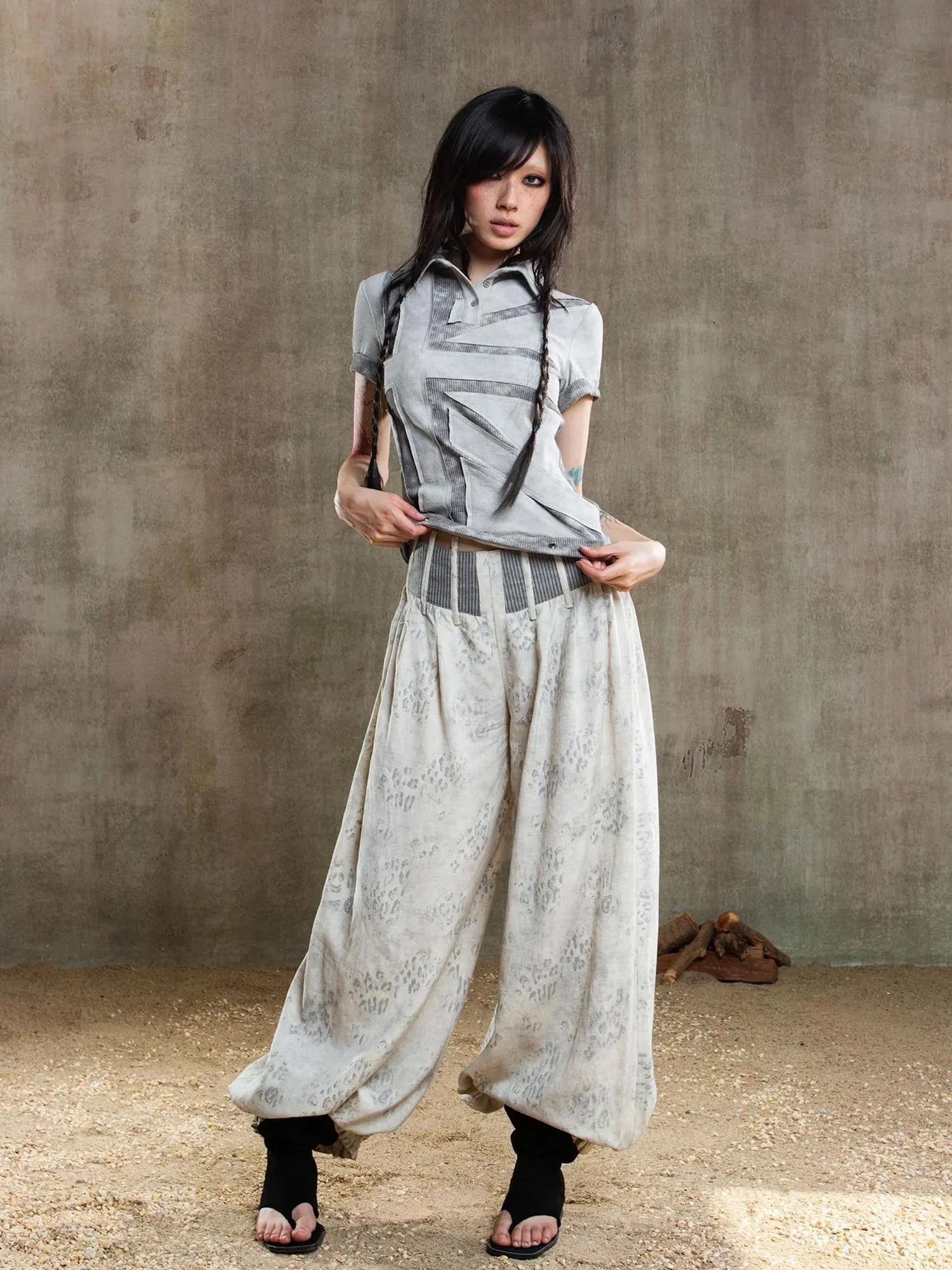 Vintage Fishbone Embellished Low Rise Wide Leg Lantern Pants