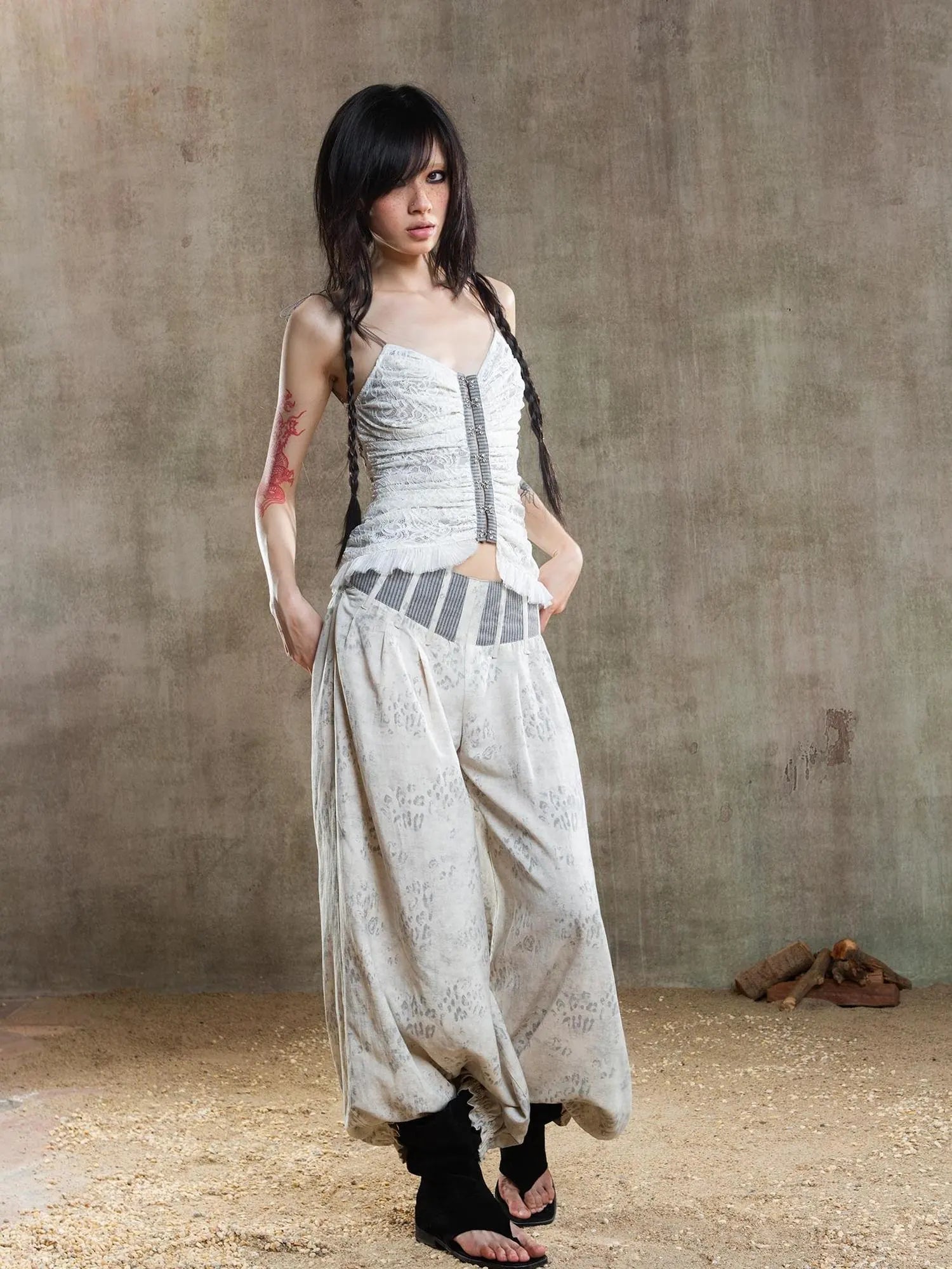 Vintage Fishbone Embellished Low Rise Wide Leg Lantern Pants