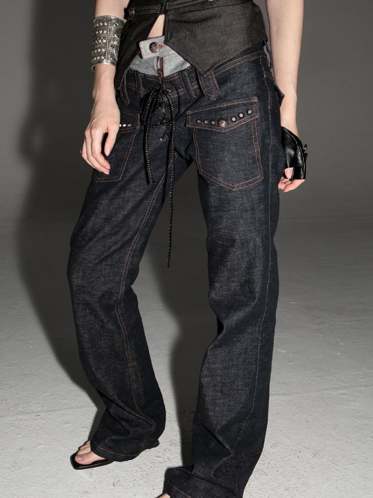 DoublePunch Vintage Flare Denim Jeans With Double Waistband Slim Fit