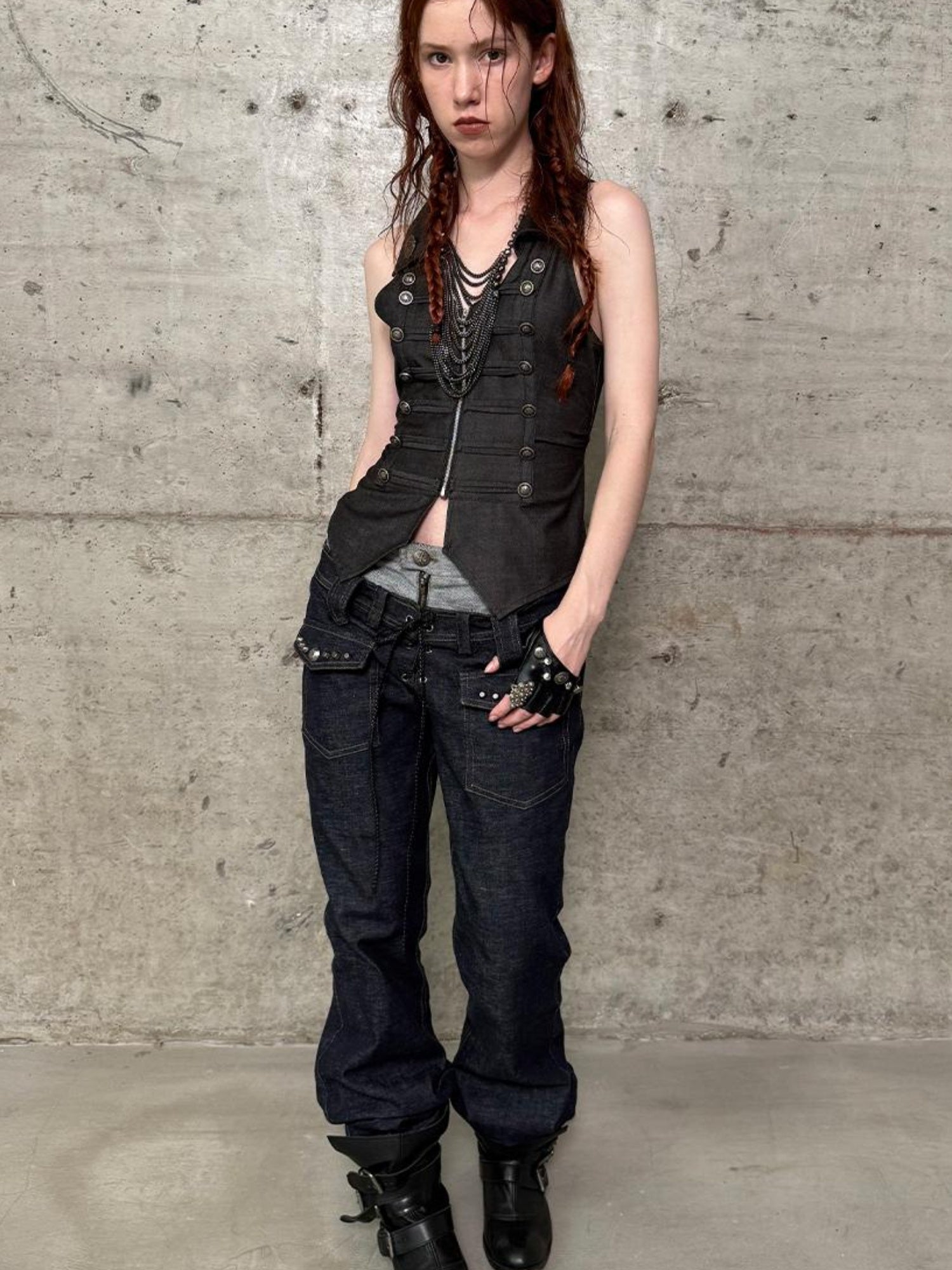 DoublePunch Vintage Flare Denim Jeans With Double Waistband Slim Fit