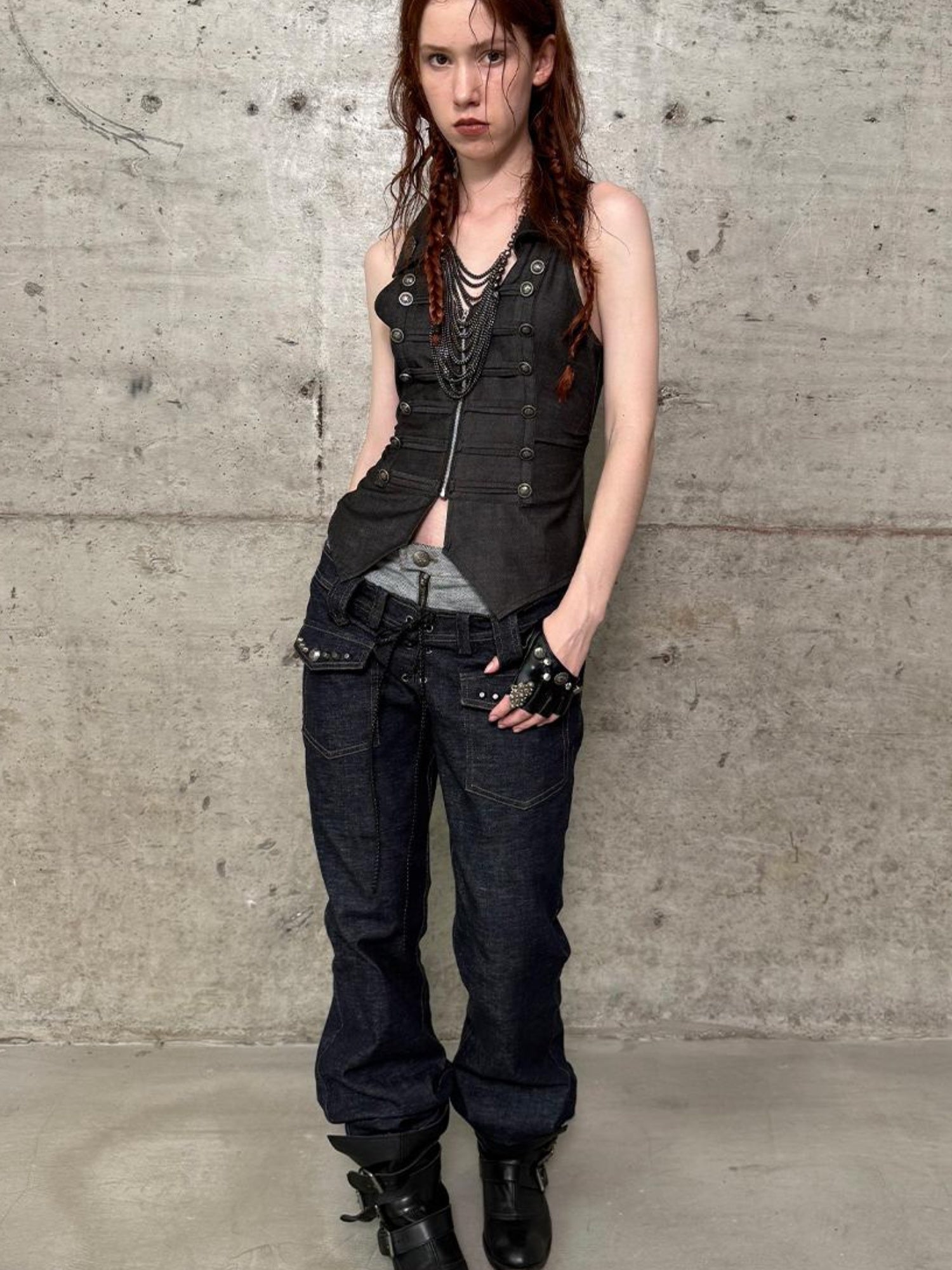 DoublePunch Vintage Flare Denim Jeans With Double Waistband Slim Fit