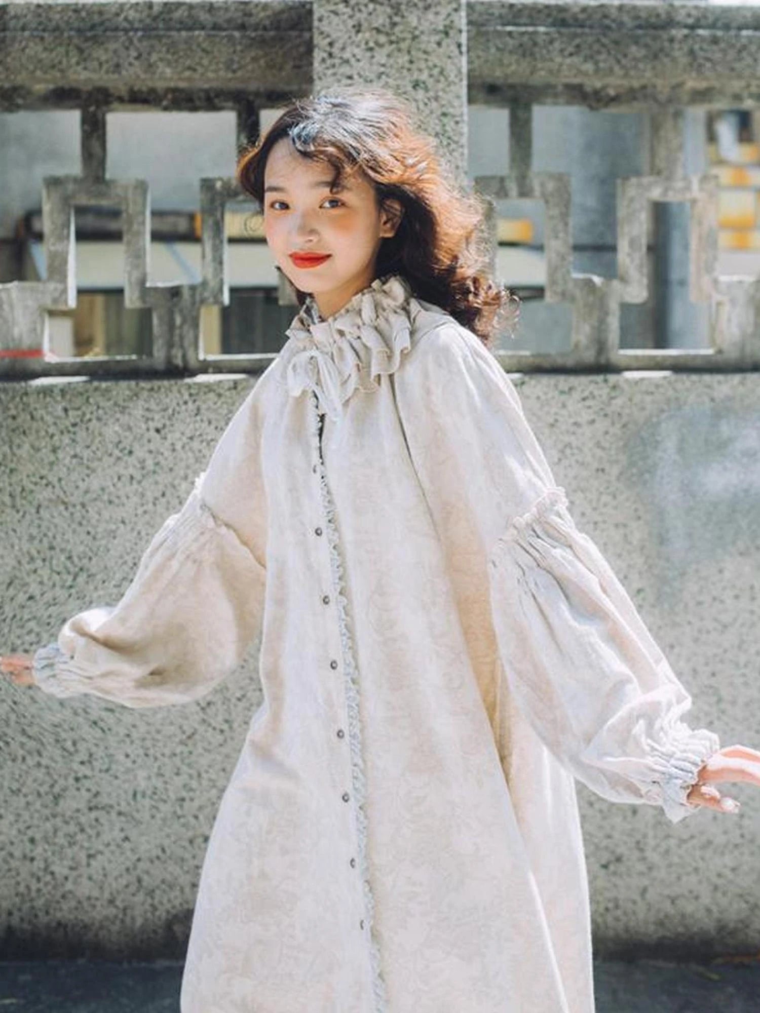 Vintage French Honey Lace Cotton Linen Dress Free Size Autumn Winter