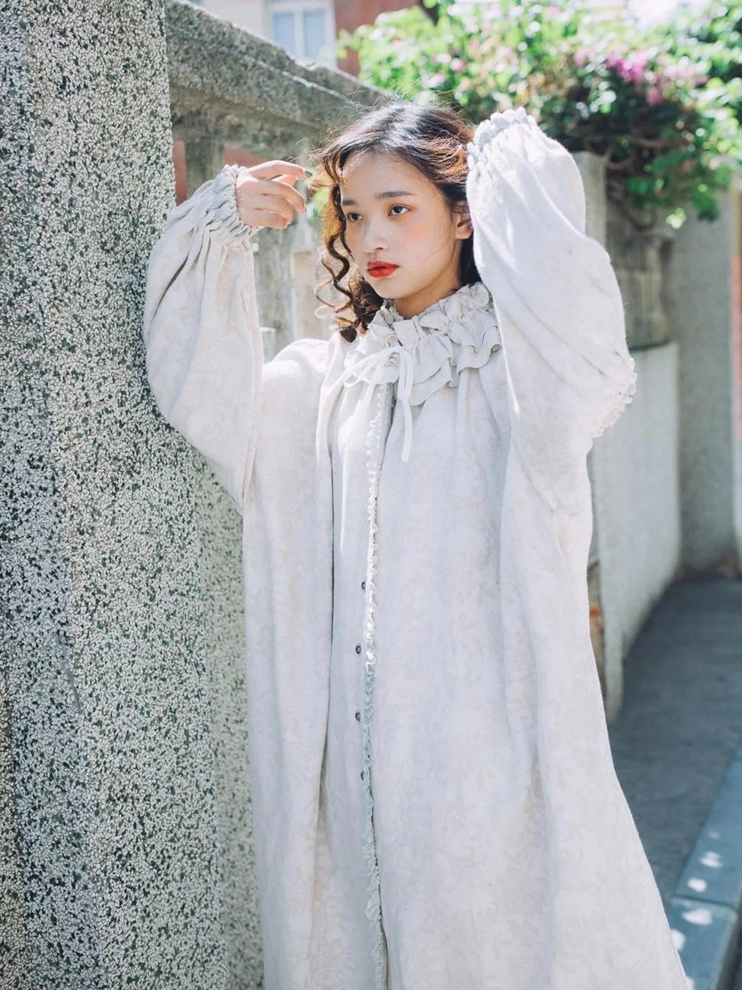 Vintage French Honey Lace Cotton Linen Dress Free Size Autumn Winter