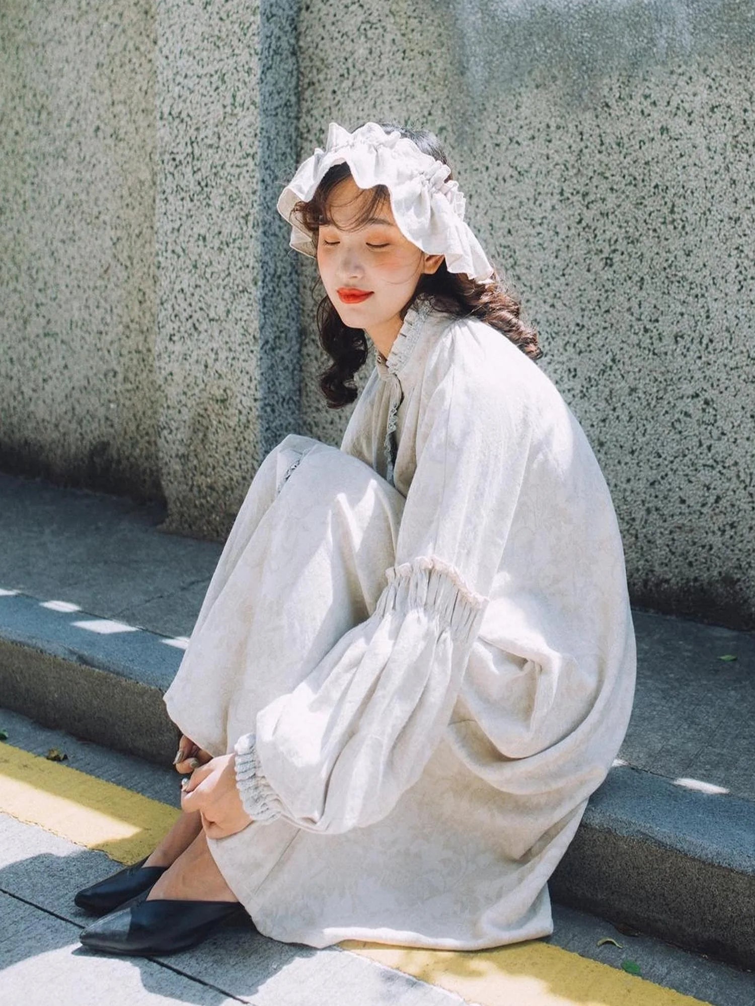 Vintage French Honey Lace Cotton Linen Dress Free Size Autumn Winter