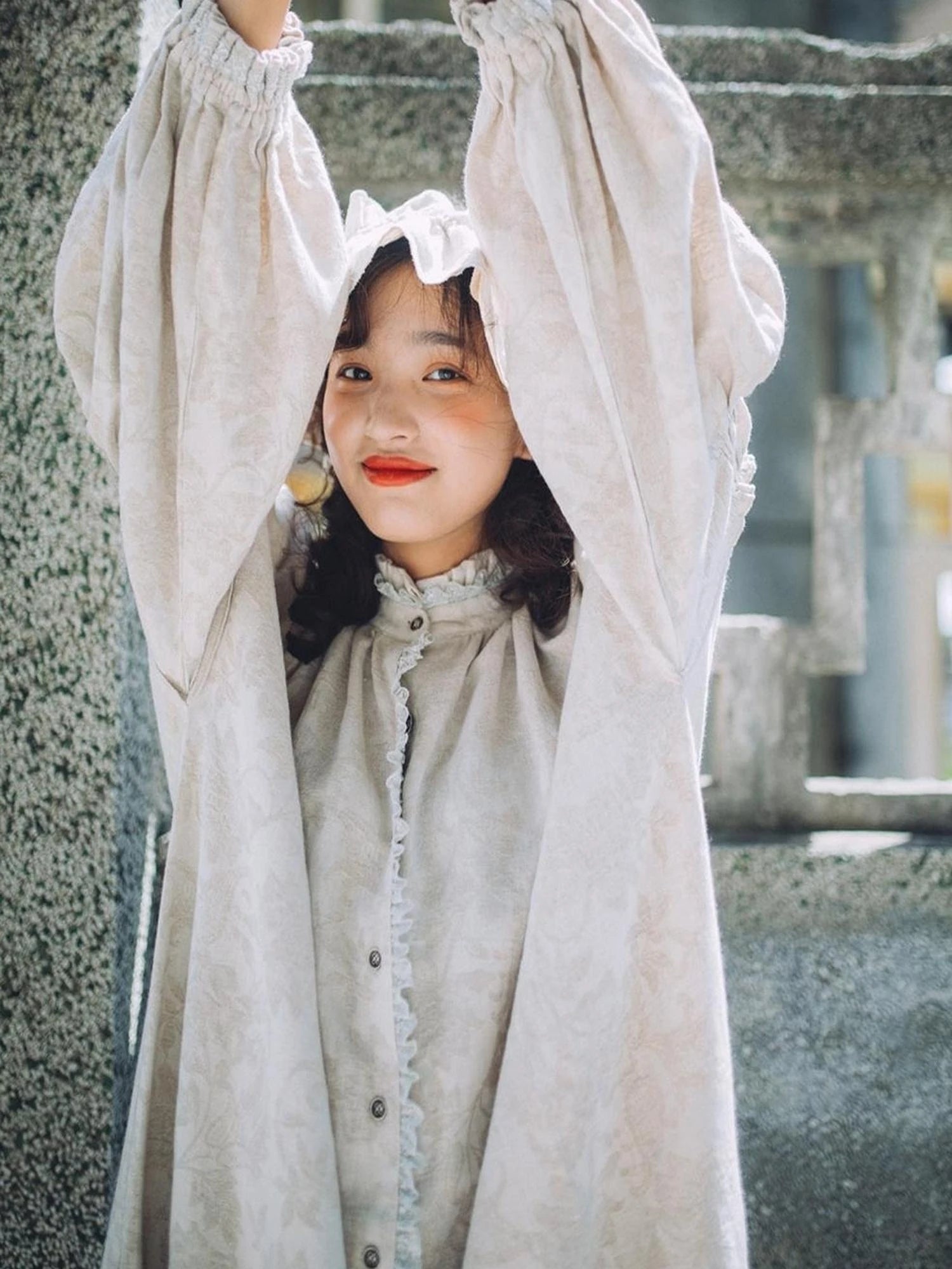 Vintage French Honey Lace Cotton Linen Dress Free Size Autumn Winter