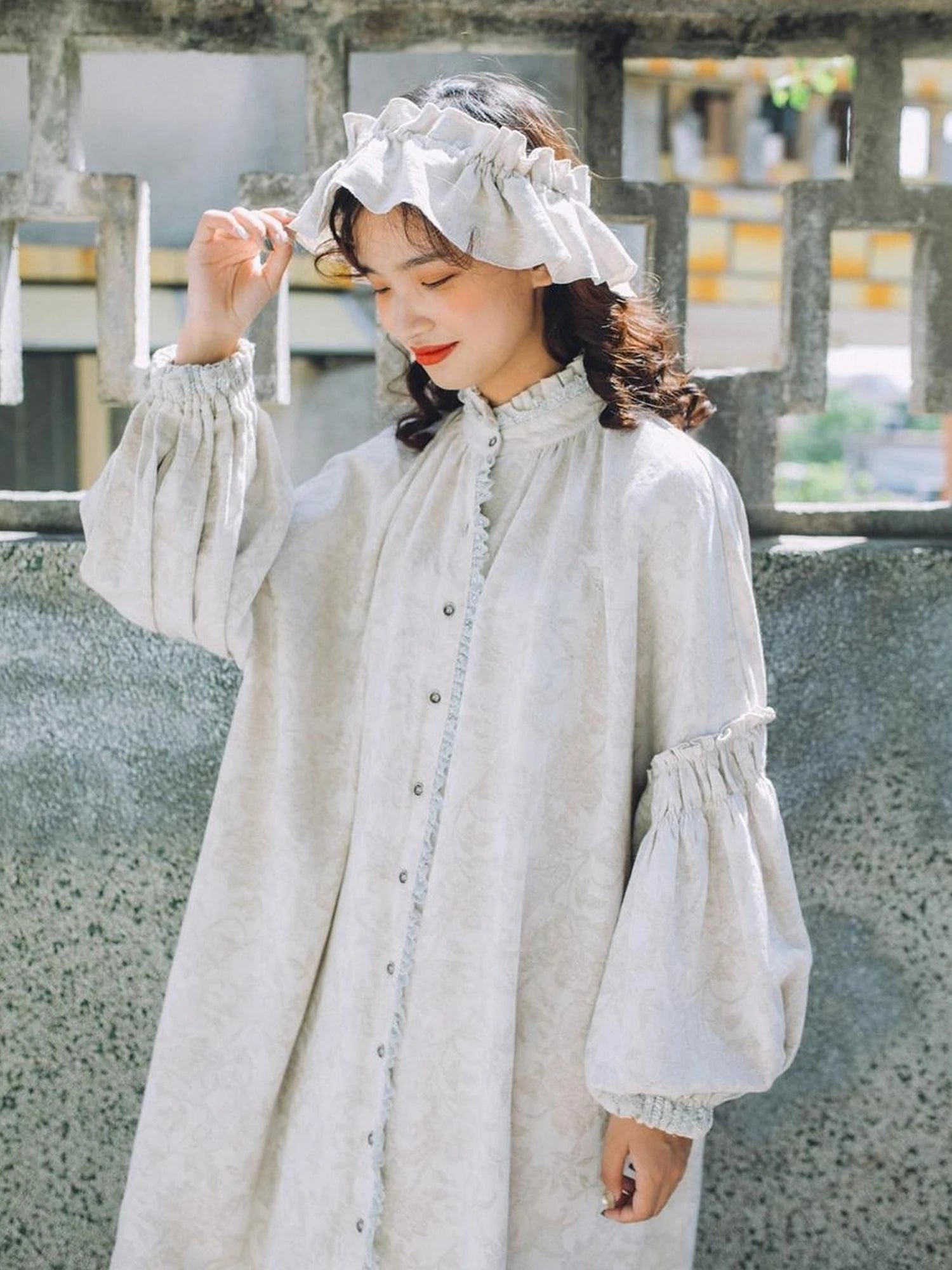 Vintage French Honey Lace Cotton Linen Dress Free Size Autumn Winter