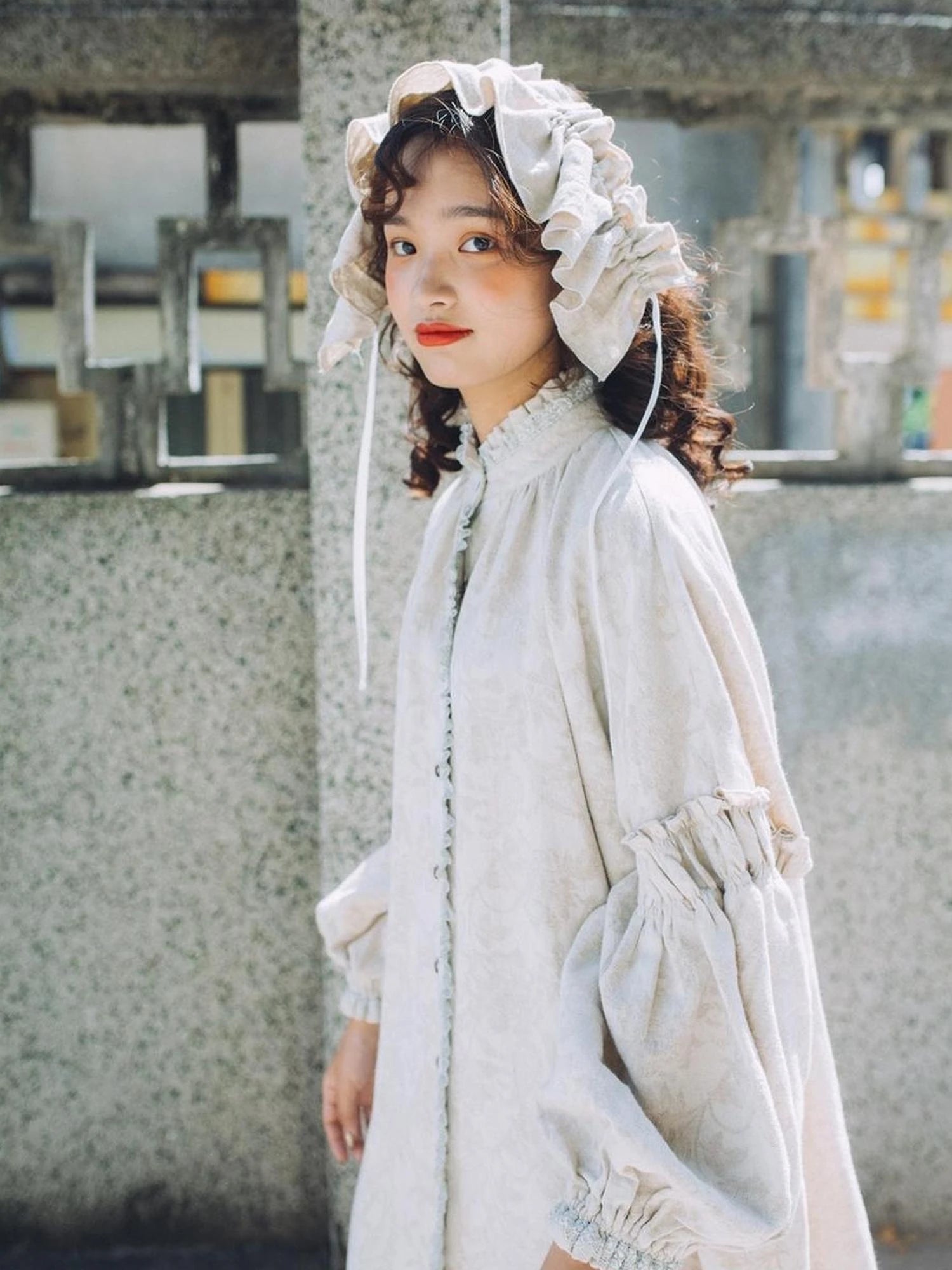 Vintage French Honey Lace Cotton Linen Dress Free Size Autumn Winter