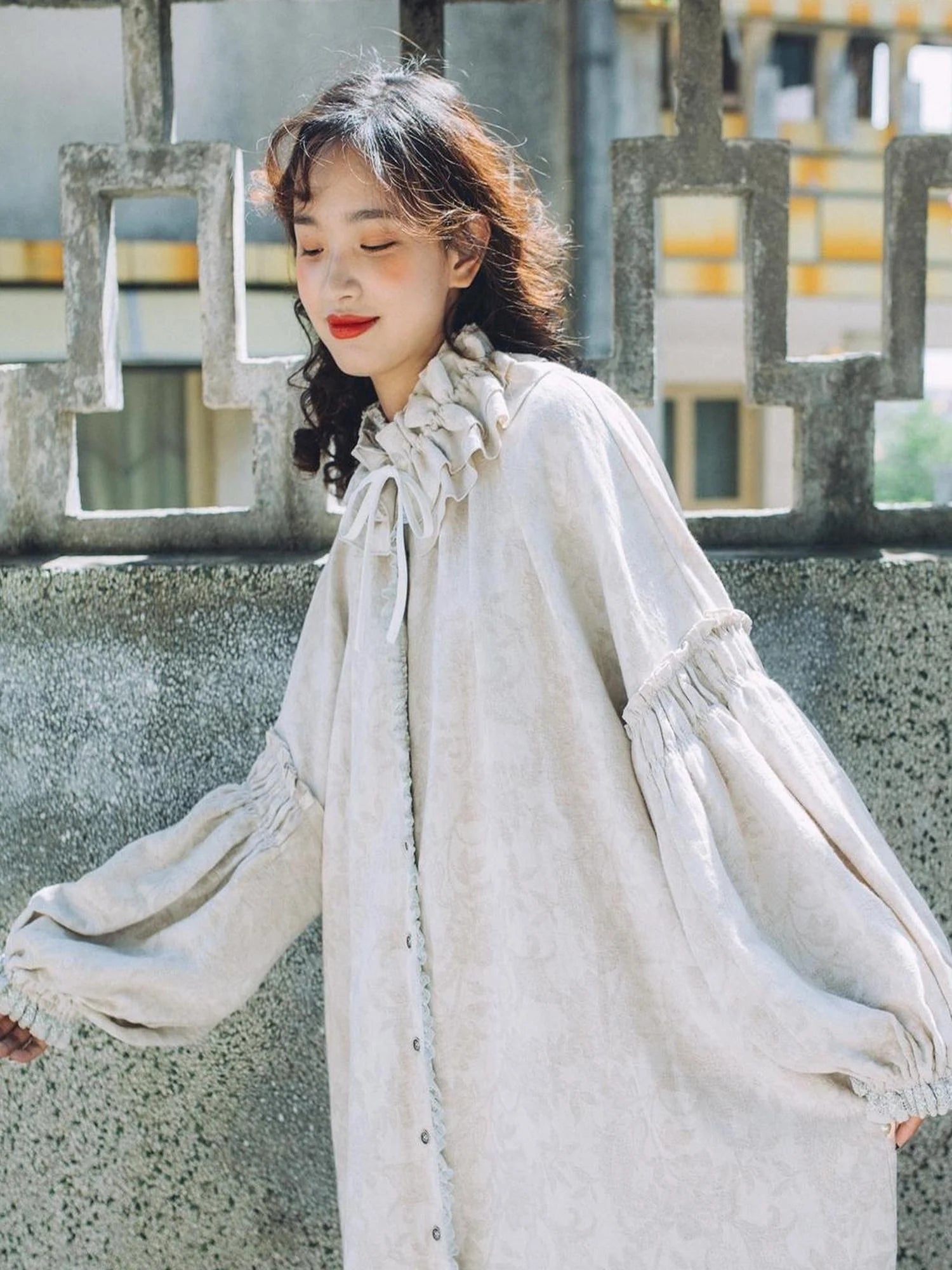 Vintage French Honey Lace Cotton Linen Dress Free Size Autumn Winter