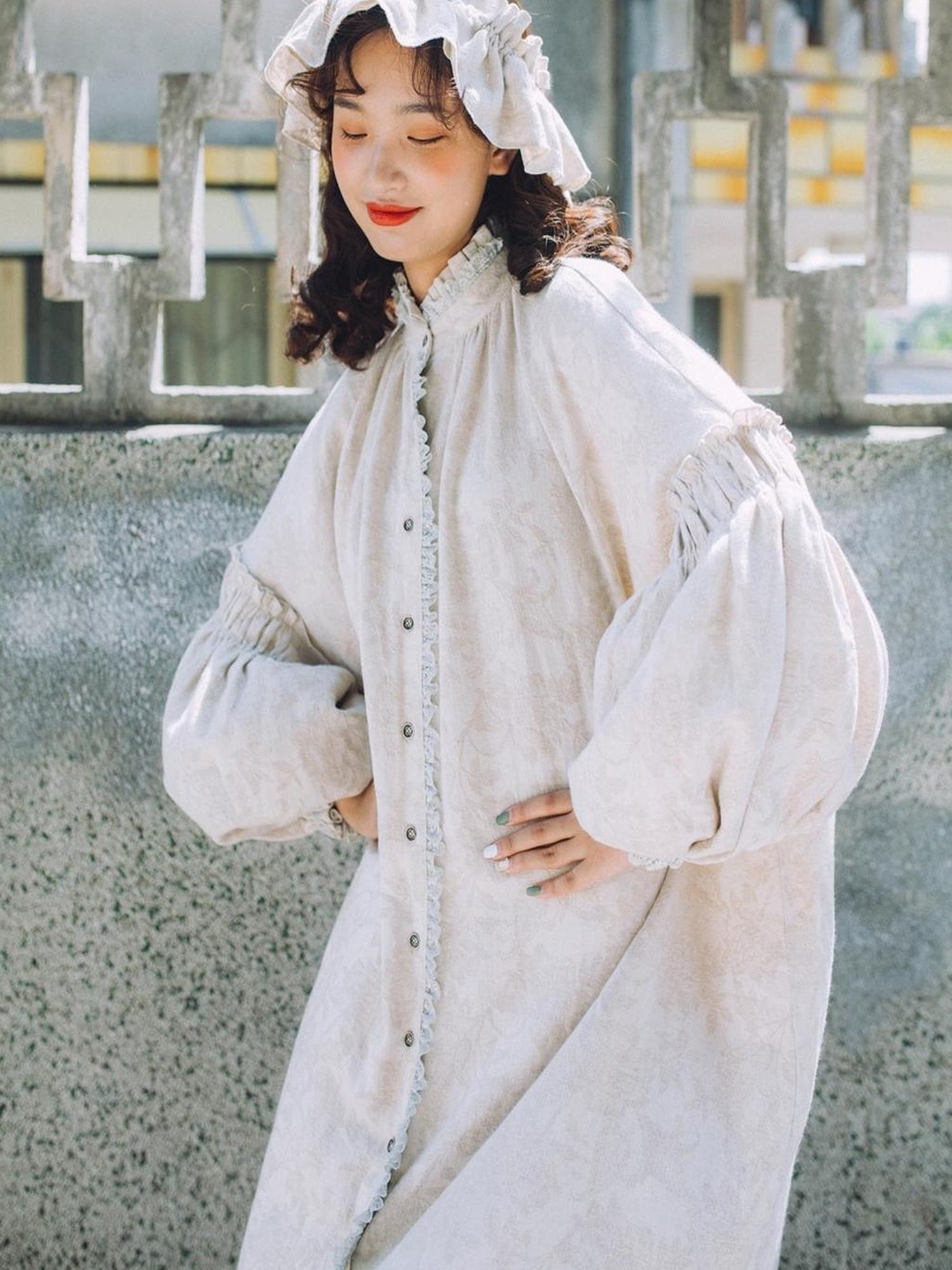 Sweet Mi Vintage French Honey Lace Cotton Linen Dress Free Size Autumn Winter
