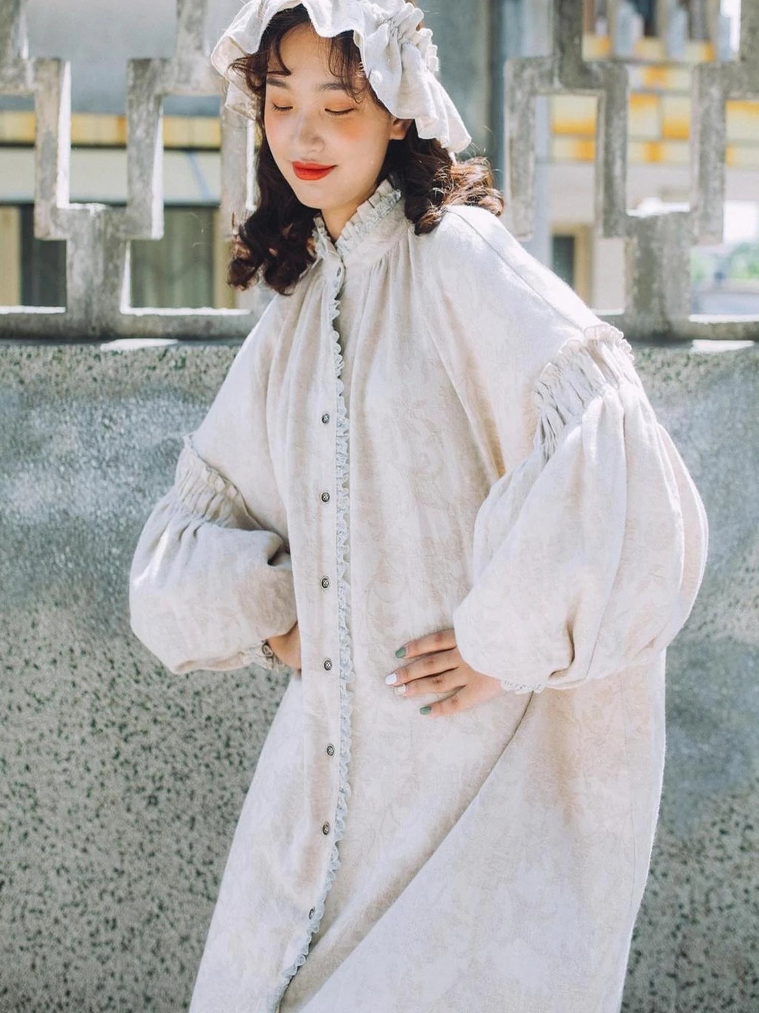 Vintage French Honey Lace Cotton Linen Dress Free Size Autumn Winter