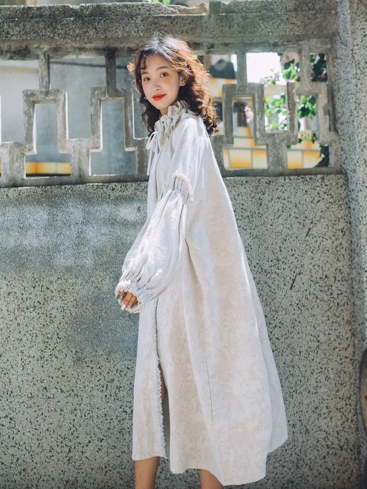 Vintage French Honey Lace Cotton Linen Dress Free Size Autumn Winter