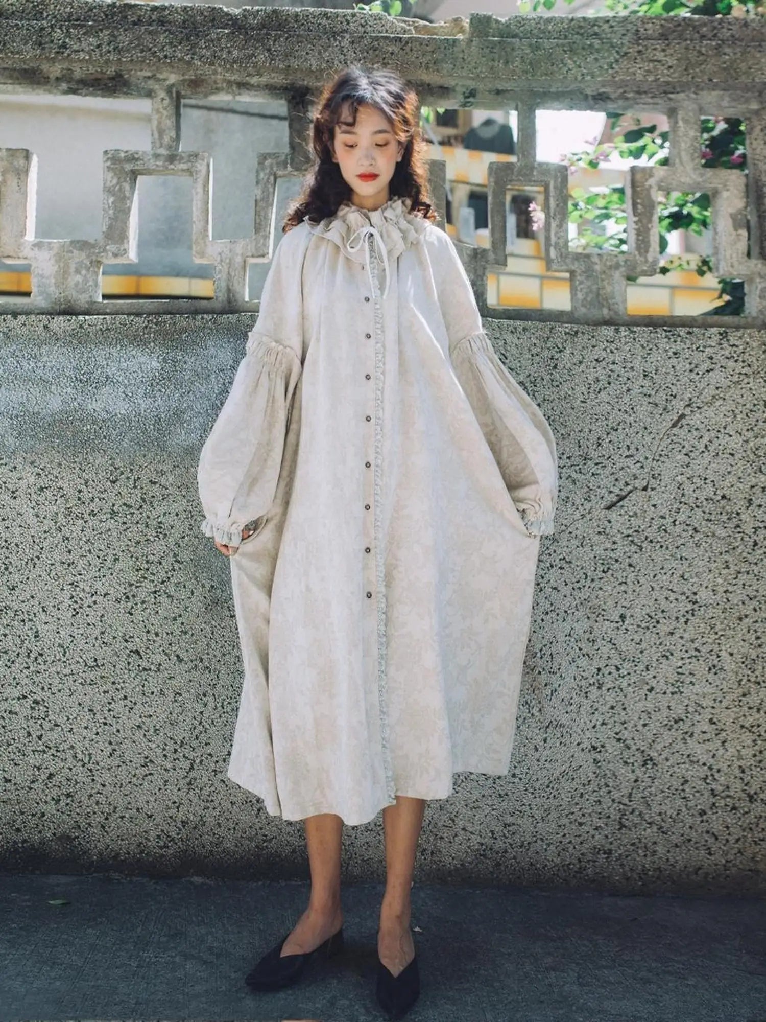 Vintage French Honey Lace Cotton Linen Dress Free Size Autumn Winter