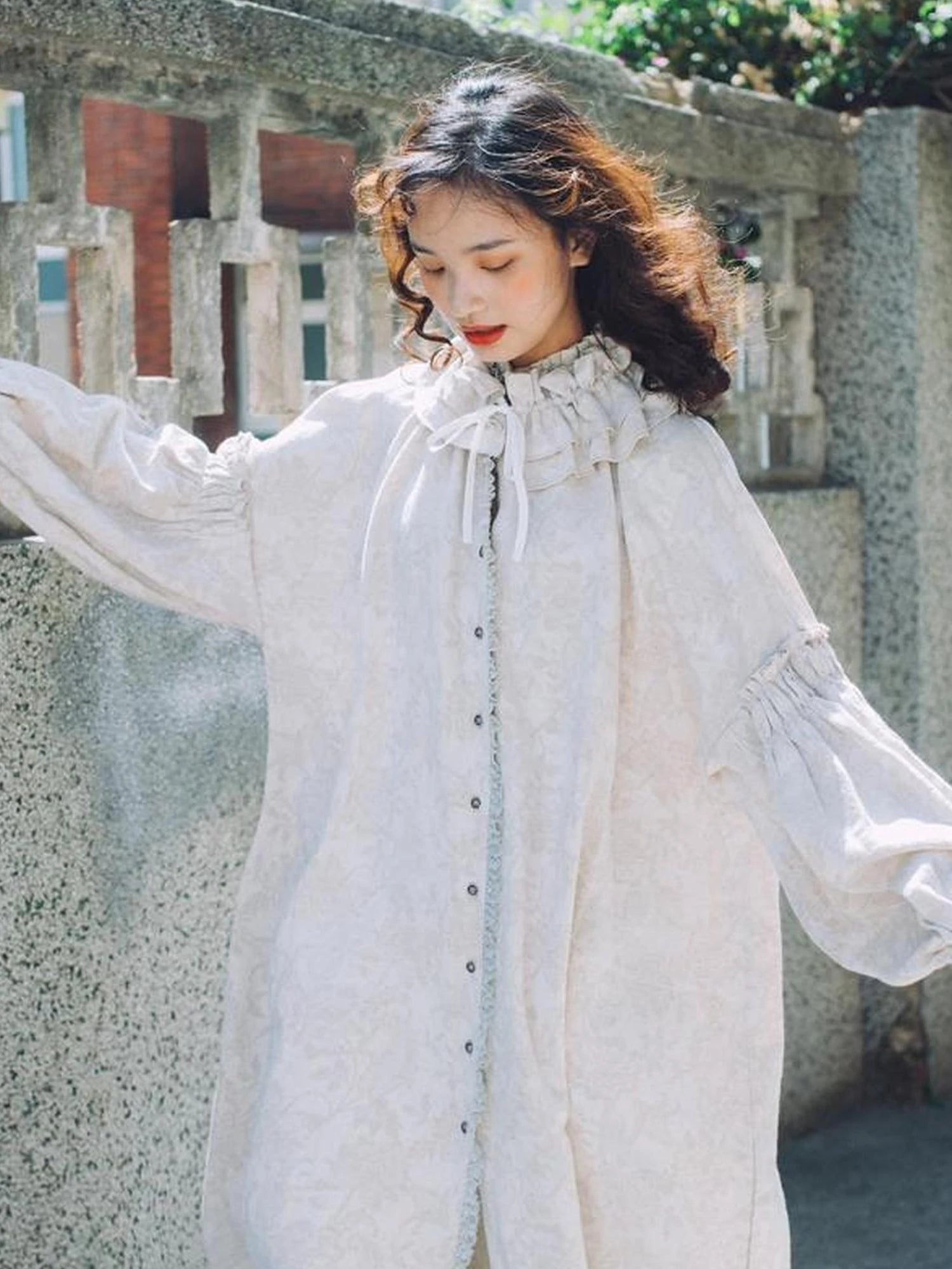 Vintage French Honey Lace Cotton Linen Dress Free Size Autumn Winter